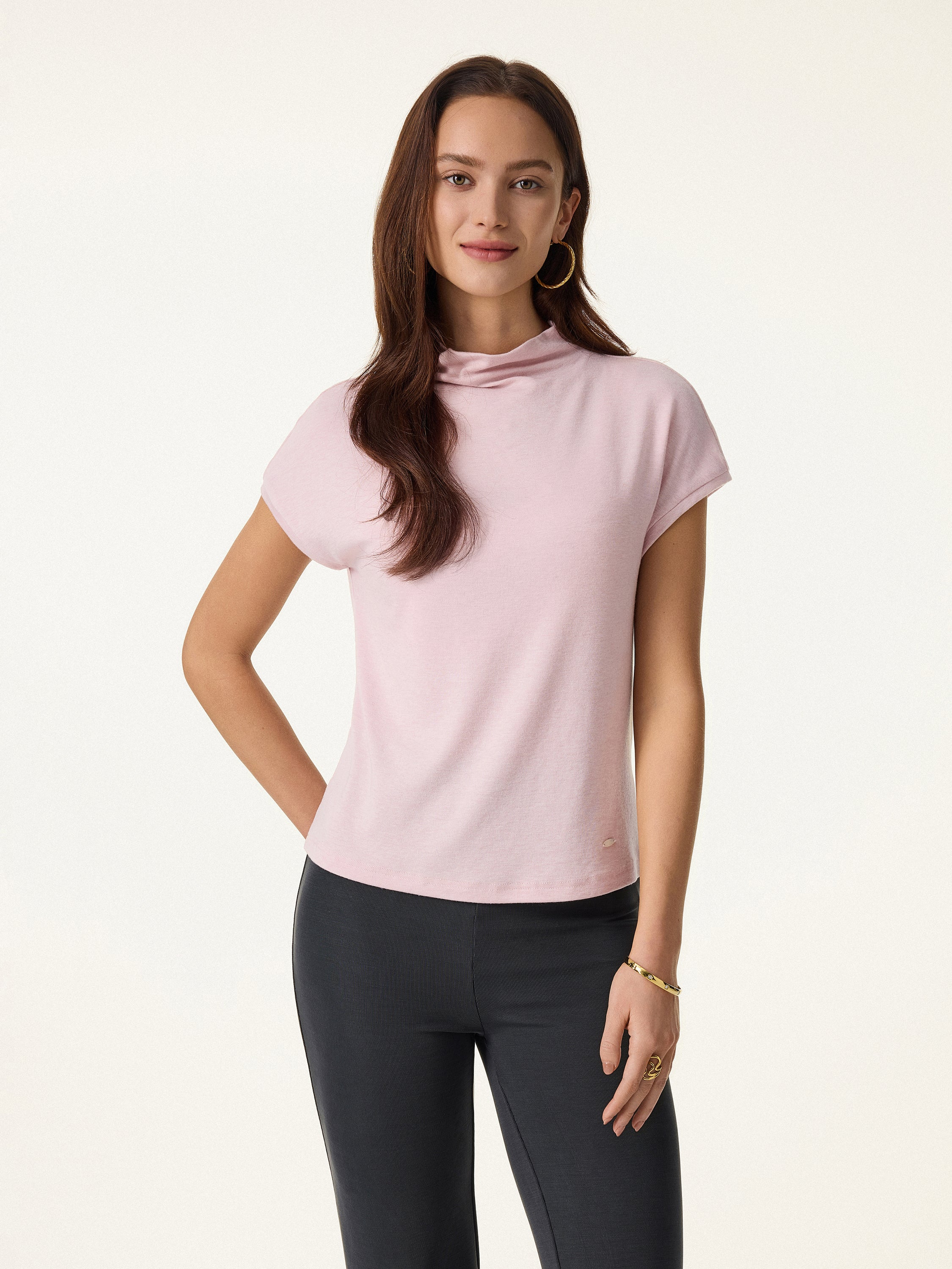 Lyocell Wool Semi-Sheer Mockneck Cap Sleeve Top - Image 6