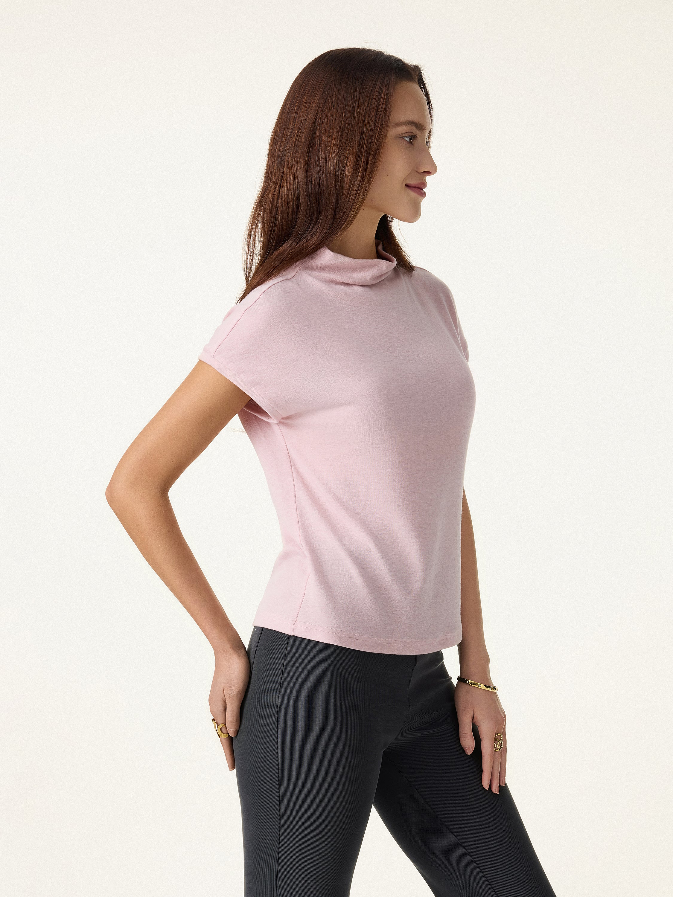 Lyocell Wool Semi-Sheer Mockneck Cap Sleeve Top - Image 9