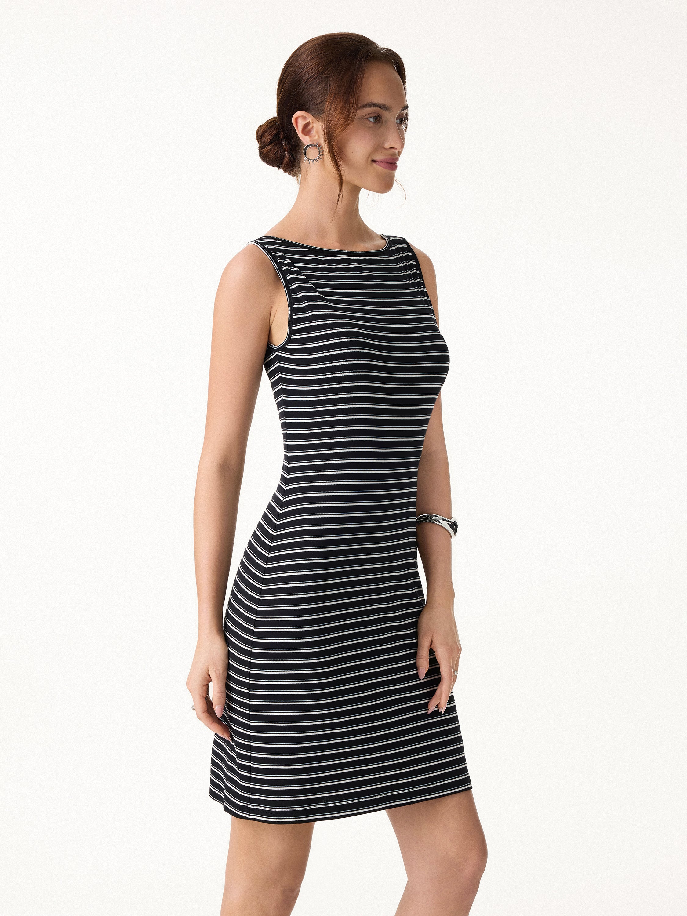 Lyocell-Wool Striped Open Back A-Line Mini Bra Dress - Image 6