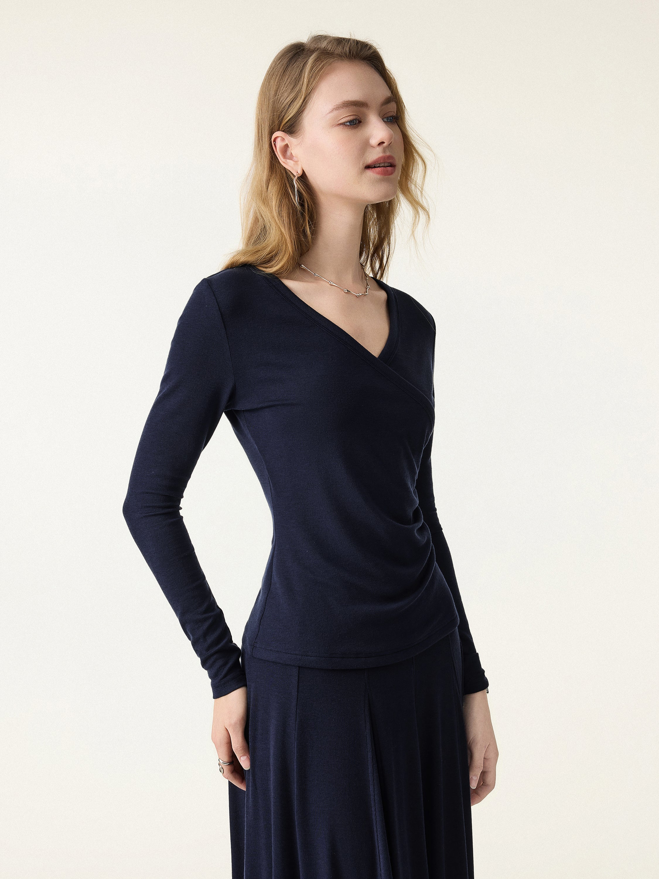 Lyocell Wool Surplice Ruched Long Sleeve Top - Image 10