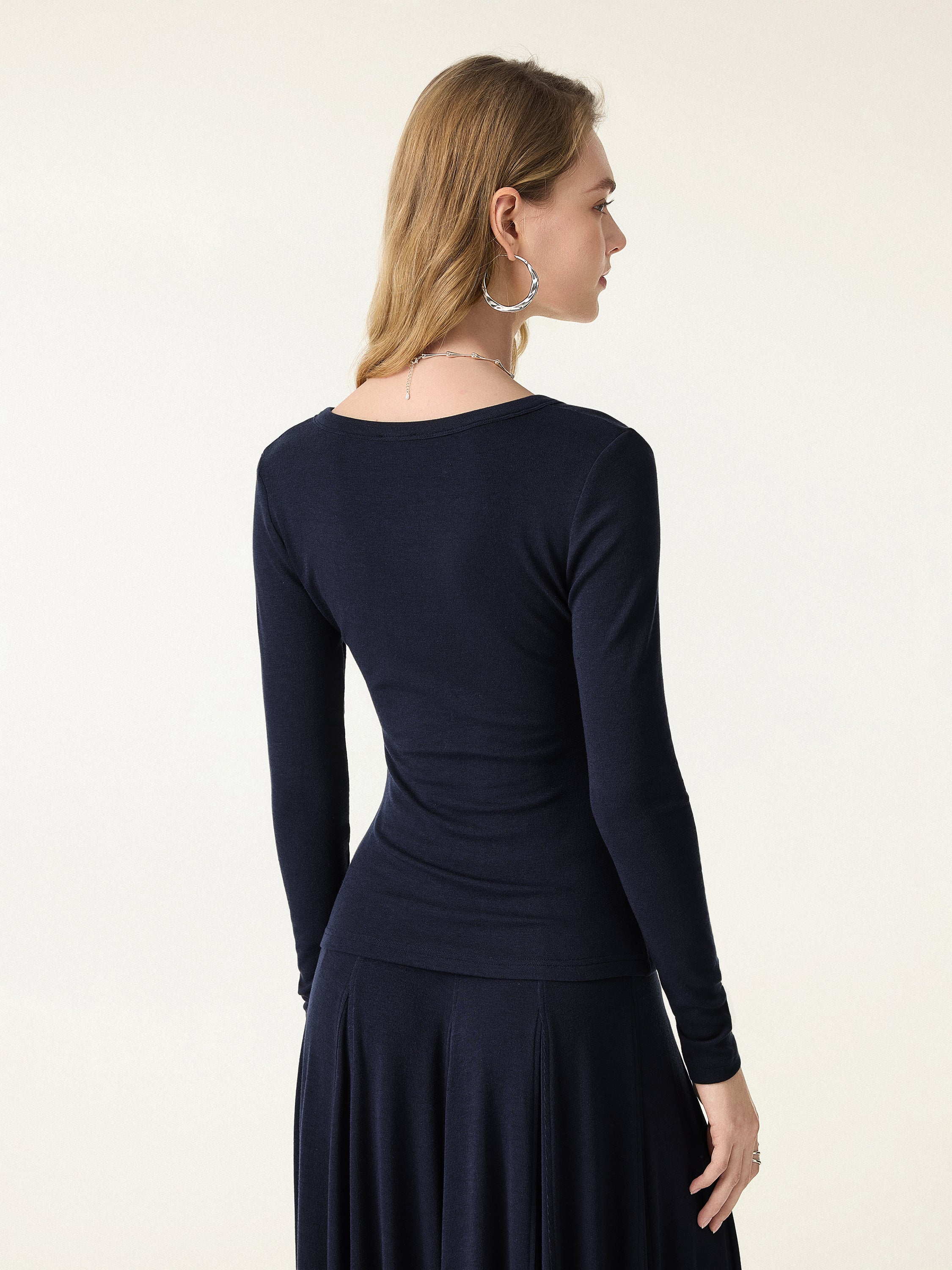 Lyocell Wool Surplice Ruched Long Sleeve Top - Image 11