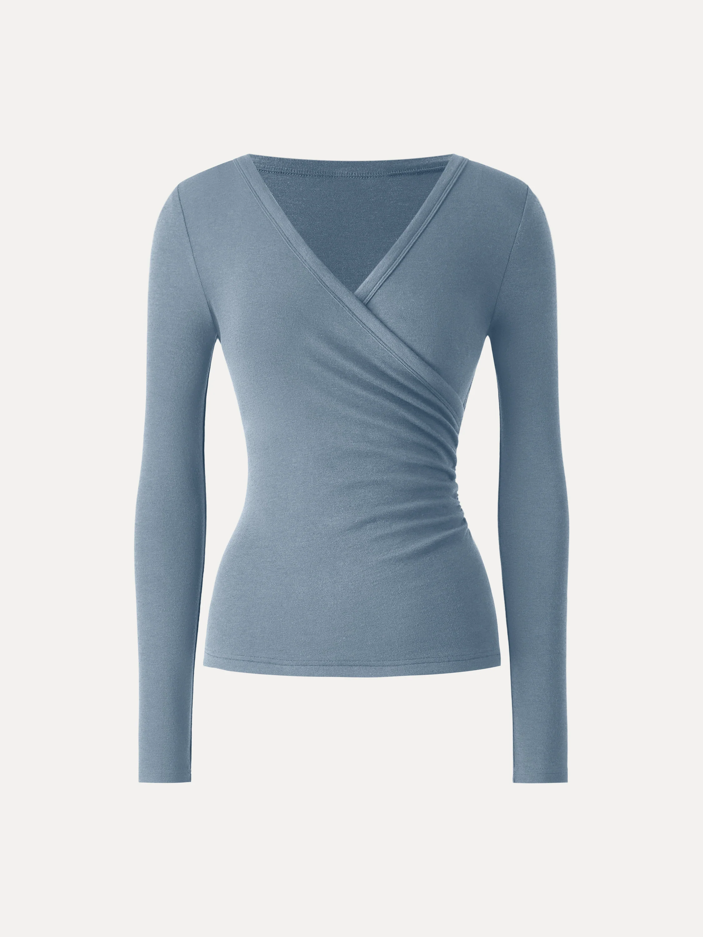 Lyocell Wool Surplice Ruched Long Sleeve Top - Image 14