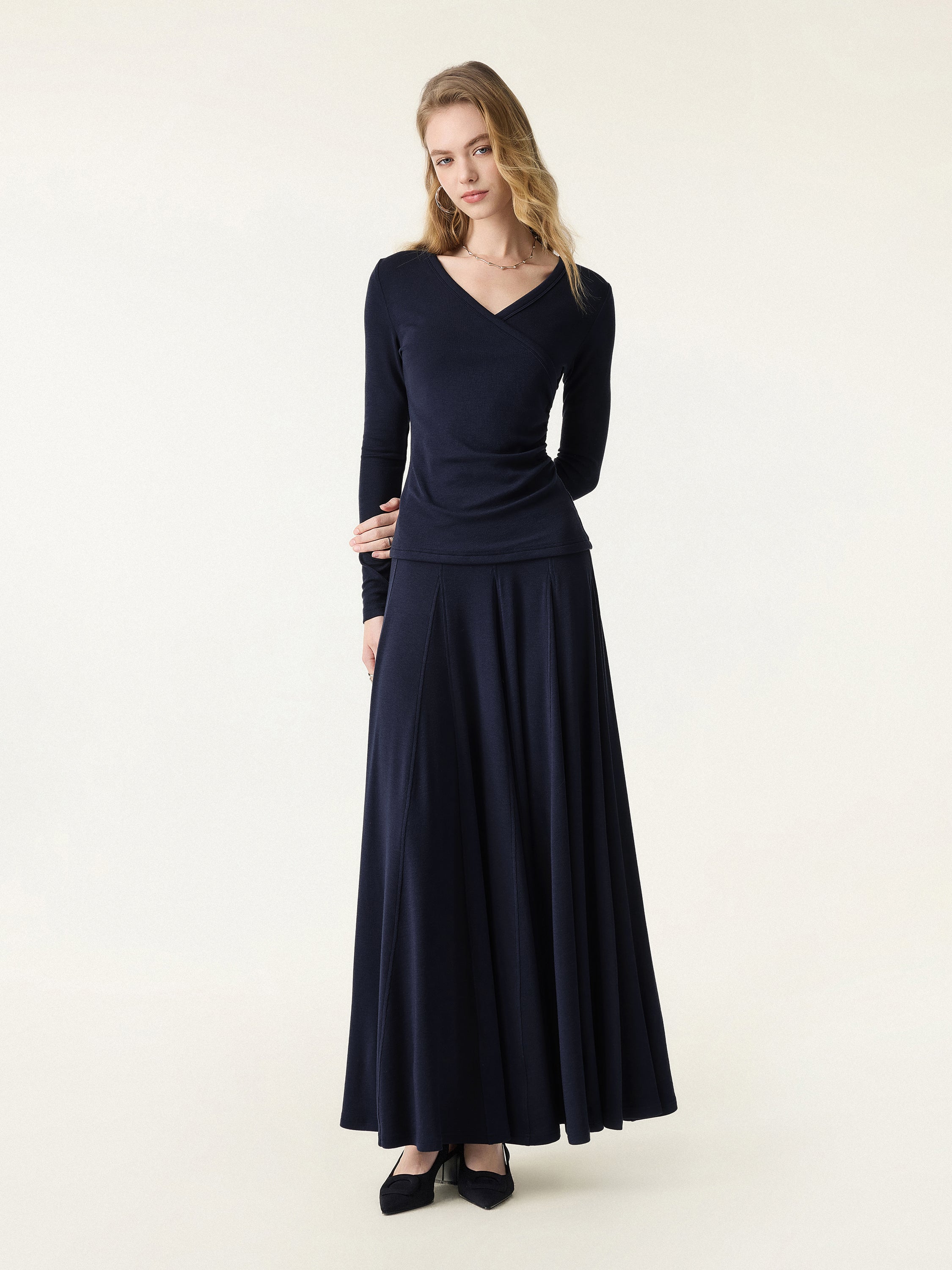 Lyocell Wool Surplice Ruched Long Sleeve Top - Image 6