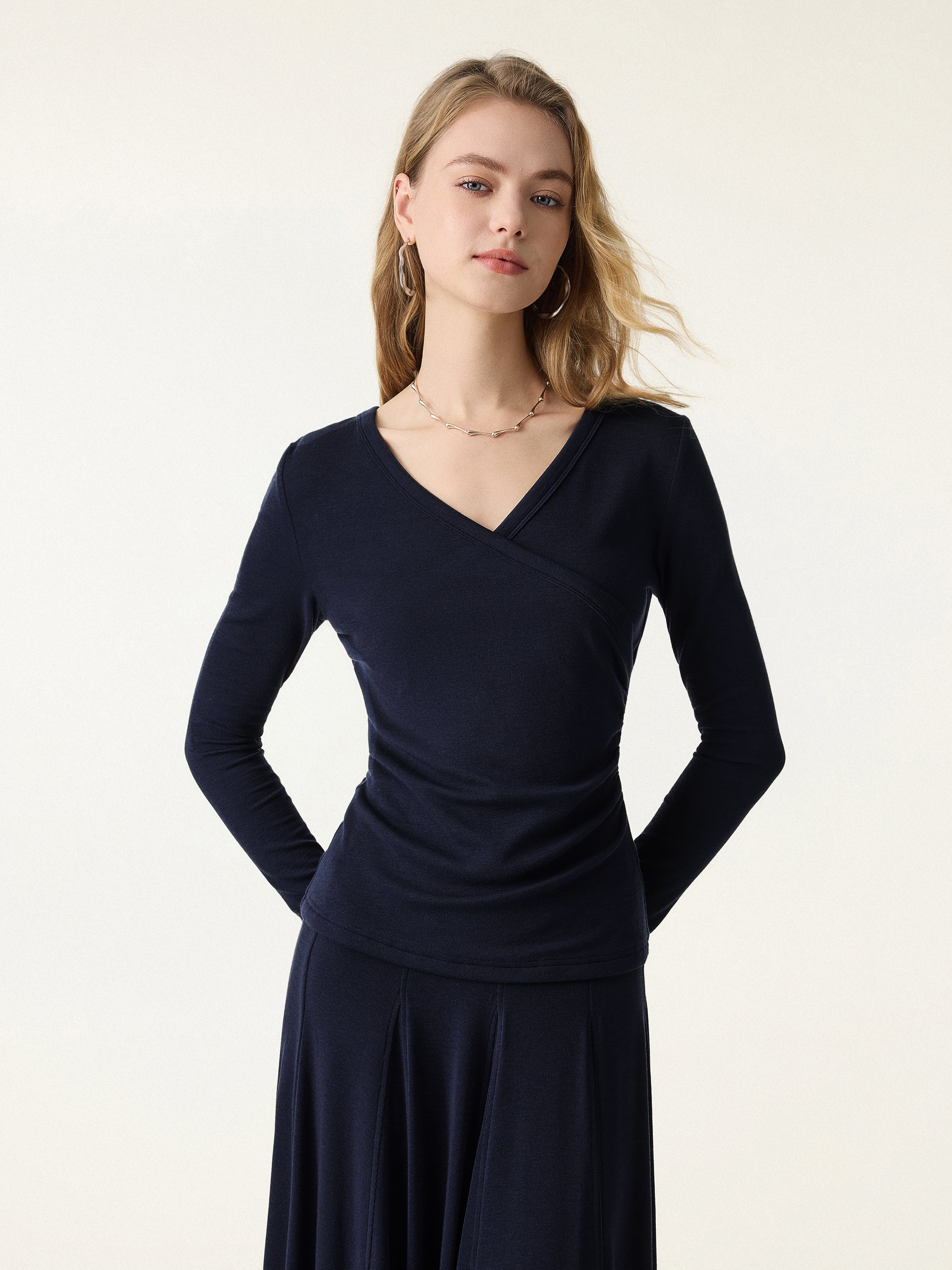 Lyocell Wool Surplice Ruched Long Sleeve Top - Image 7