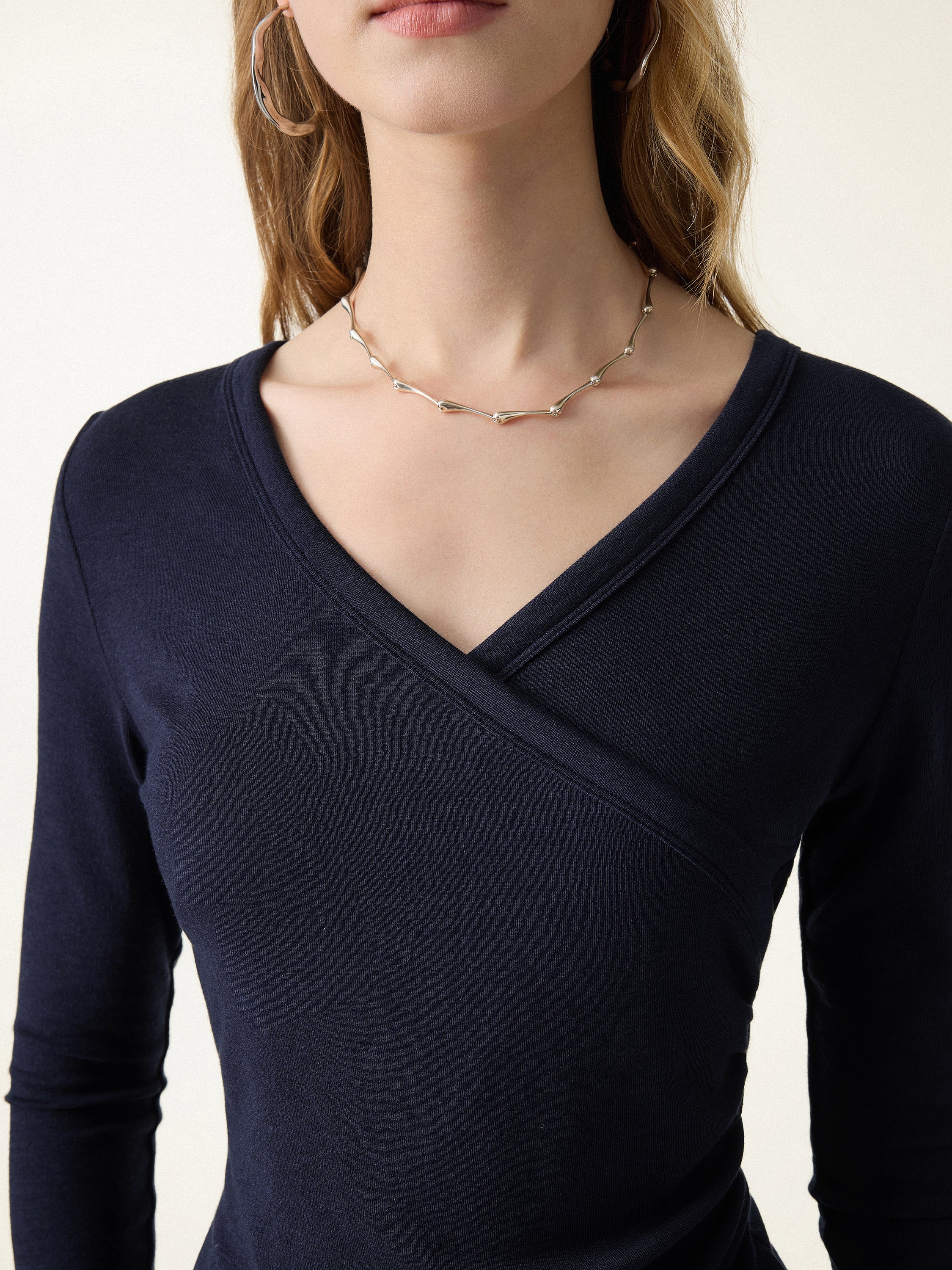 Lyocell Wool Surplice Ruched Long Sleeve Top - Image 8