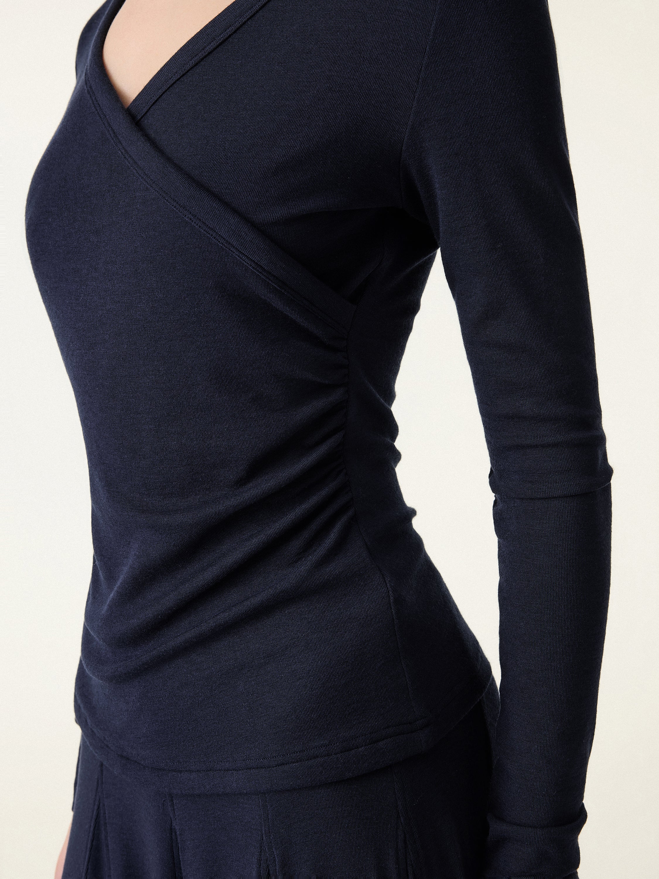 Lyocell Wool Surplice Ruched Long Sleeve Top - Image 9