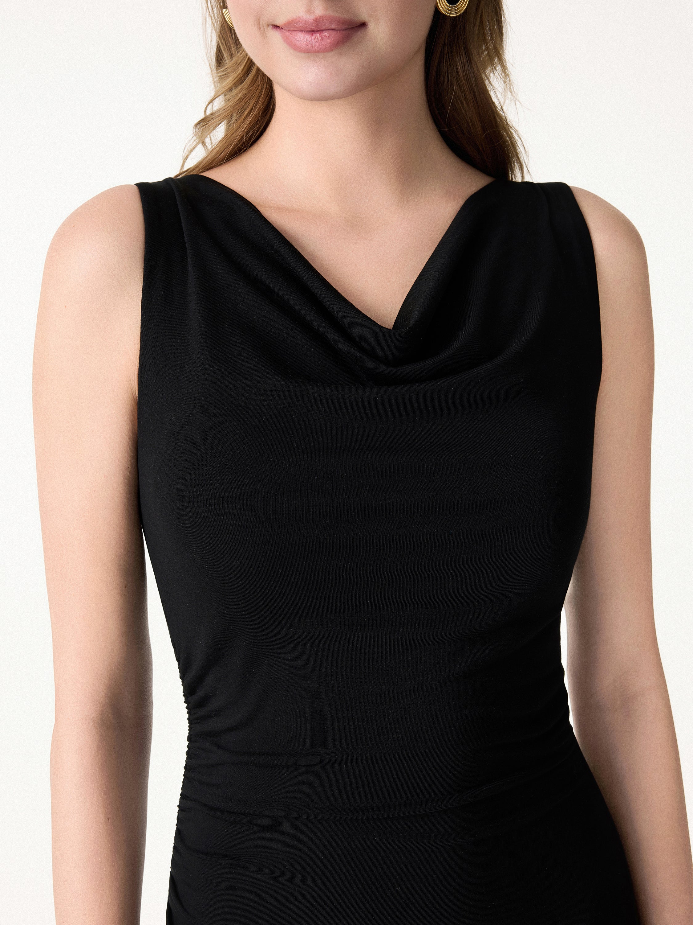 Matte Smooth Cowl Neck Ruched Midi Bra Dress - Image 3