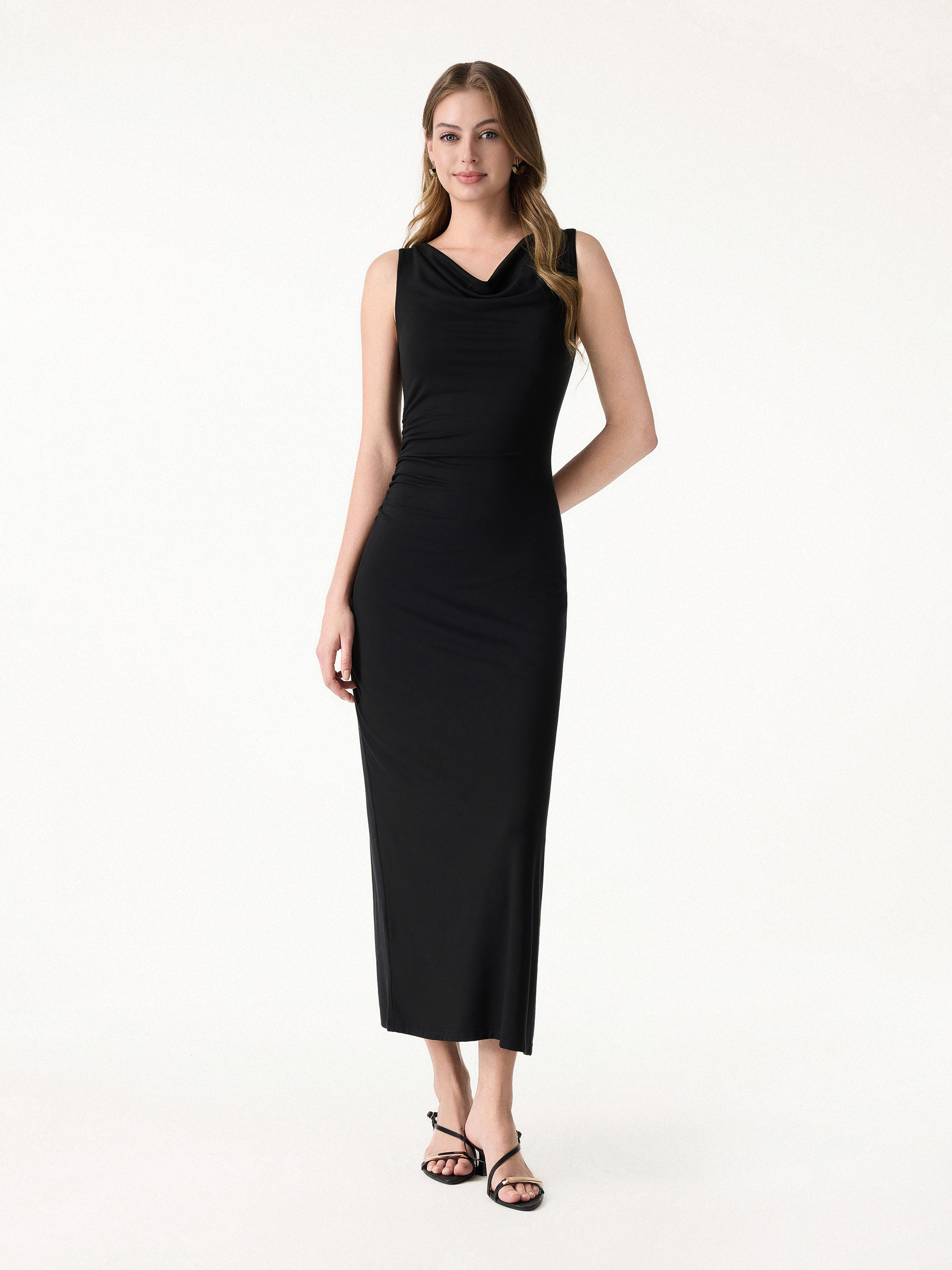 Matte Smooth Cowl Neck Ruched Midi Bra Dress - Image 5