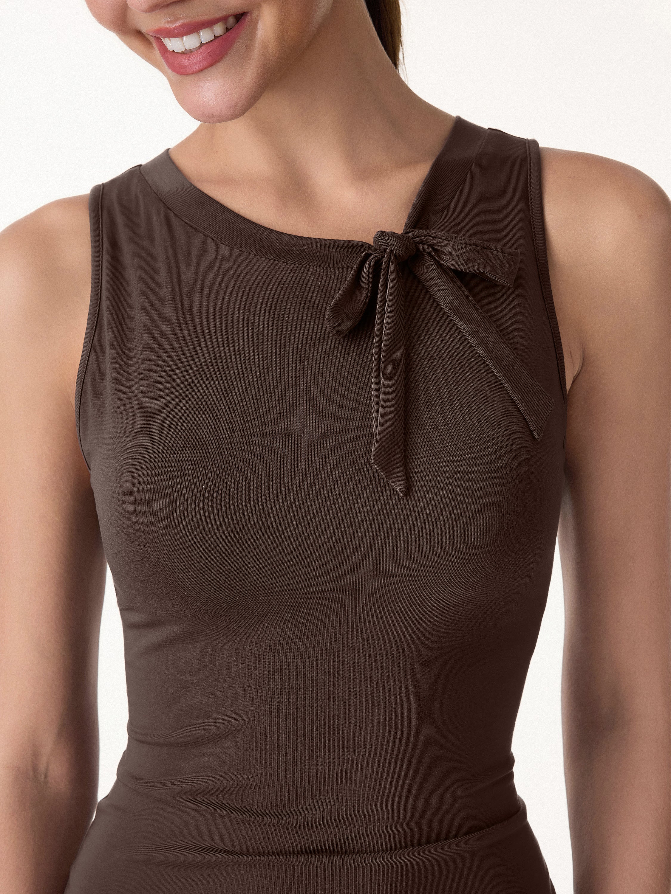 Milky Smooth Round Neck Sleeveless Top with Bow - Image 3