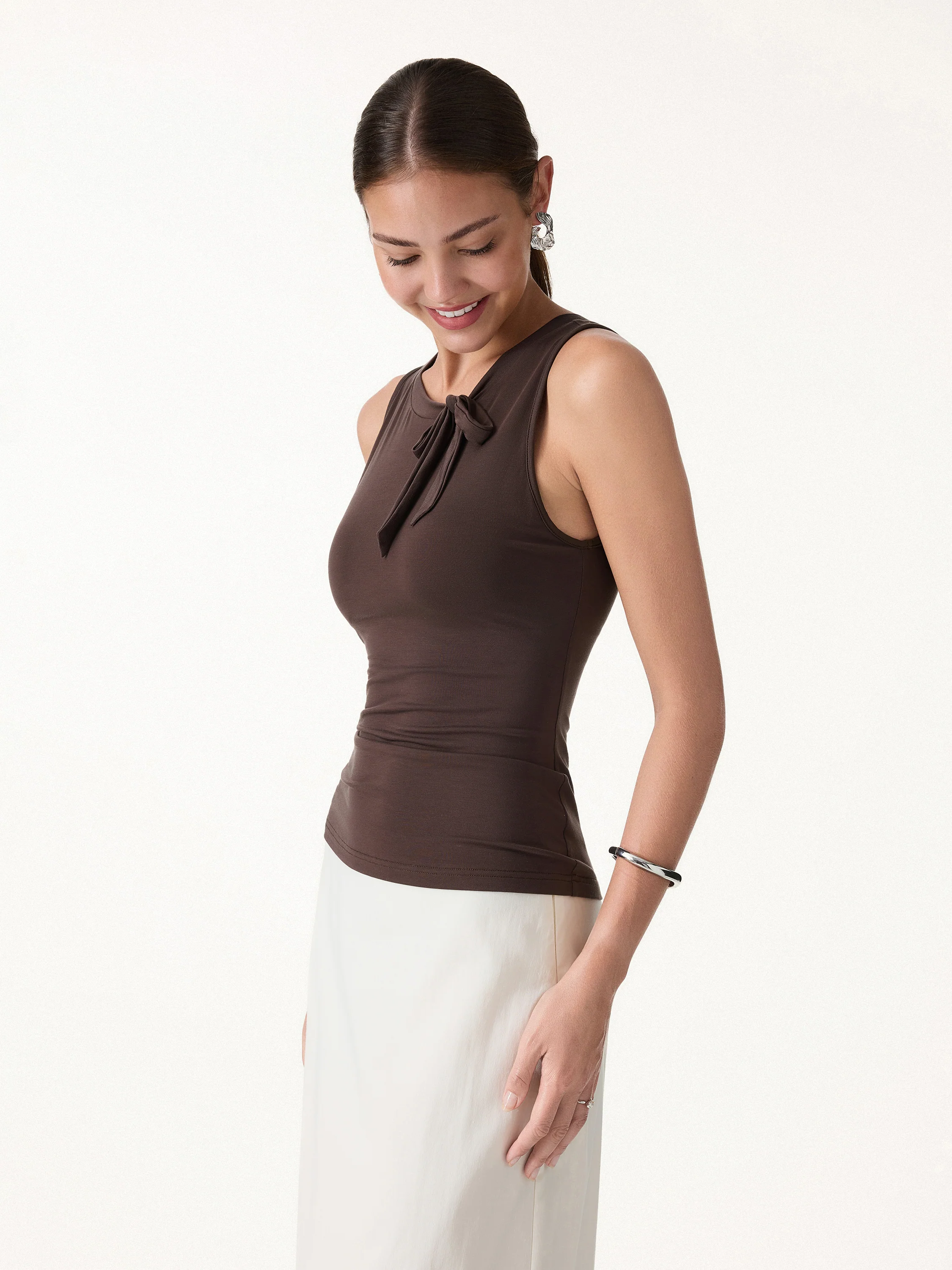 Milky Smooth Round Neck Sleeveless Top with Bow - Image 4