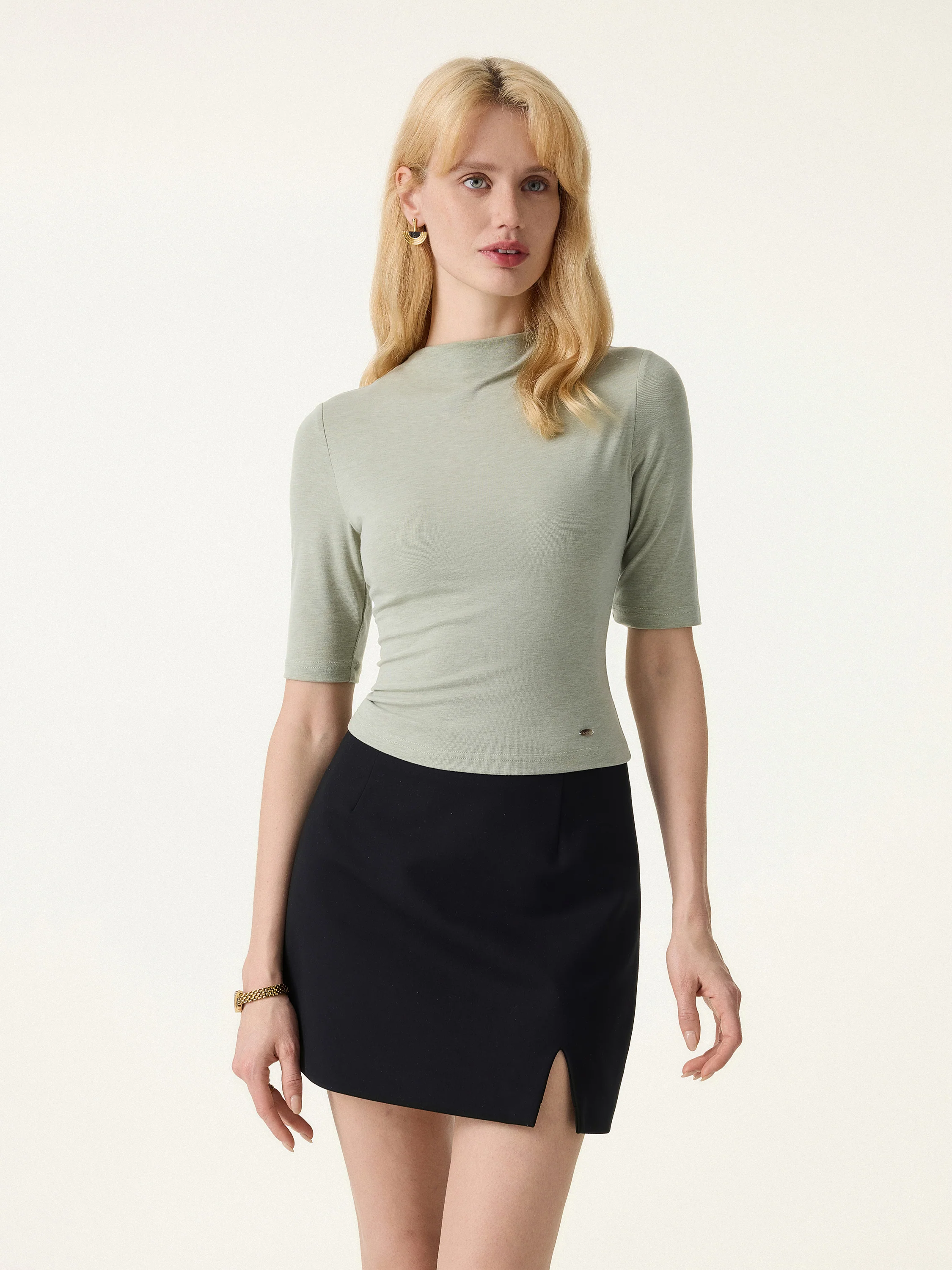 Mockneck Elbow Sleeve Cropped Bra Top - Image 10