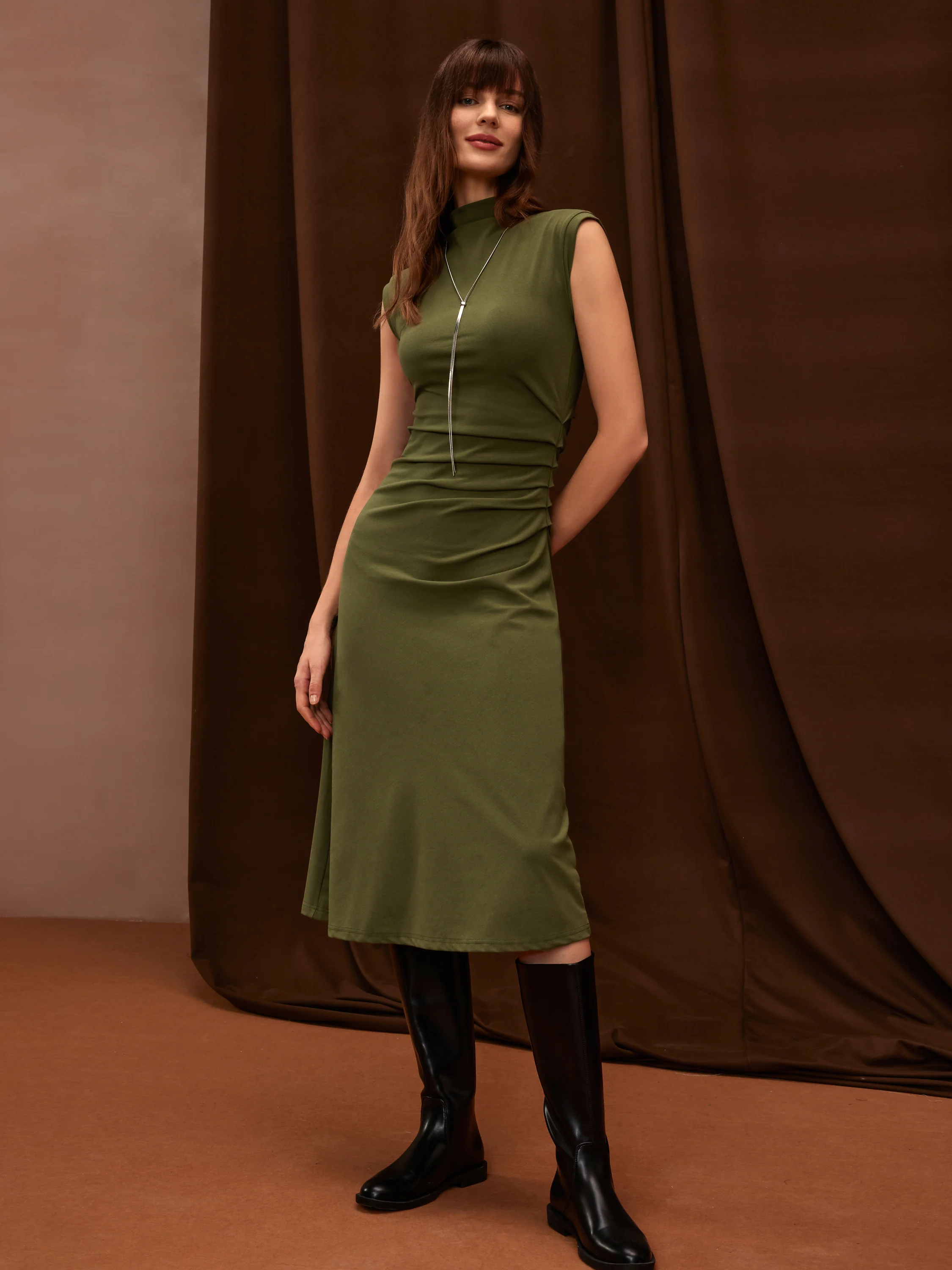 Mockneck Tucks Midi Dress - Image 10