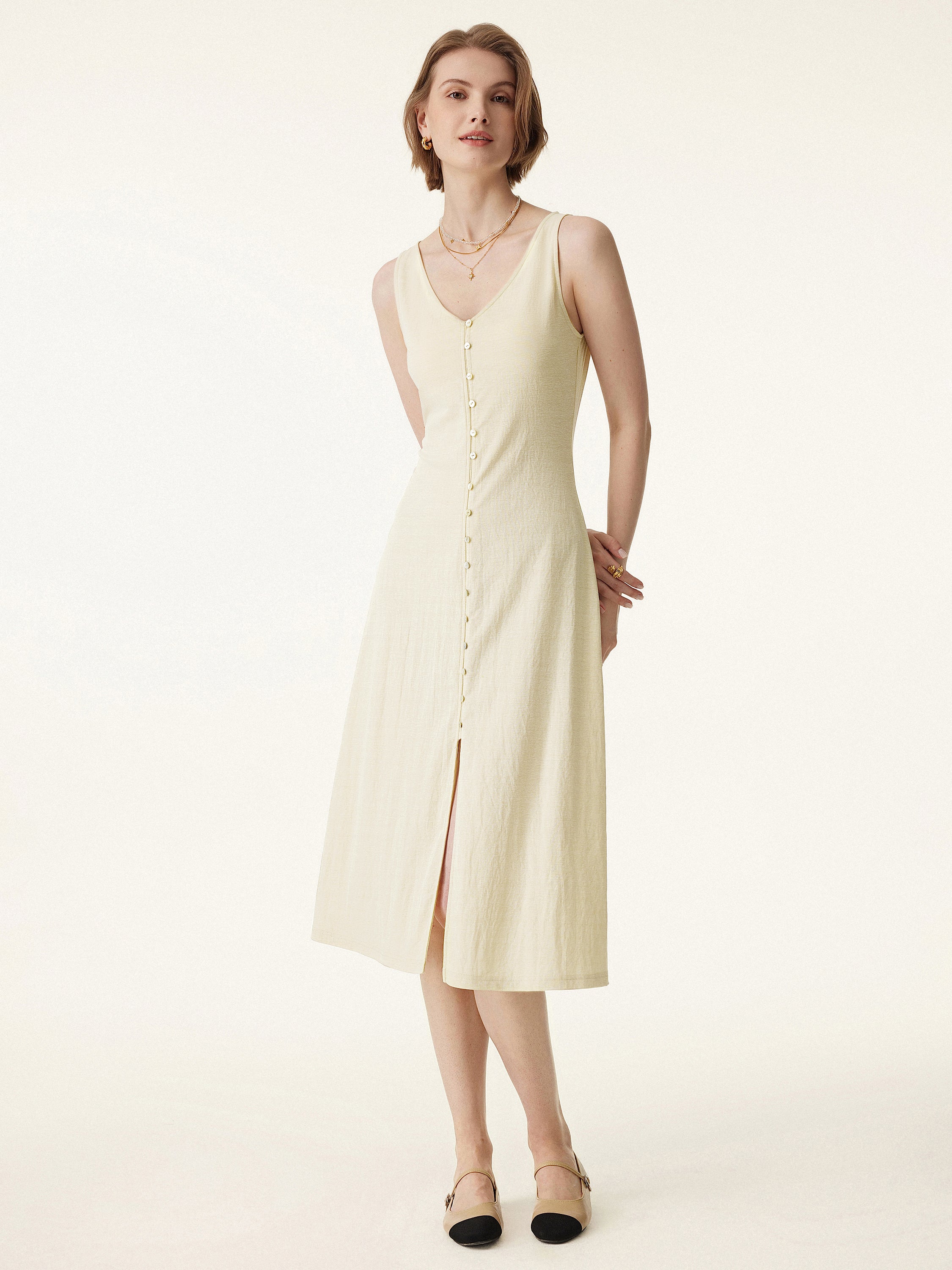 Multi-wear V-neck Button Front Midi Vest Dress - Image 8