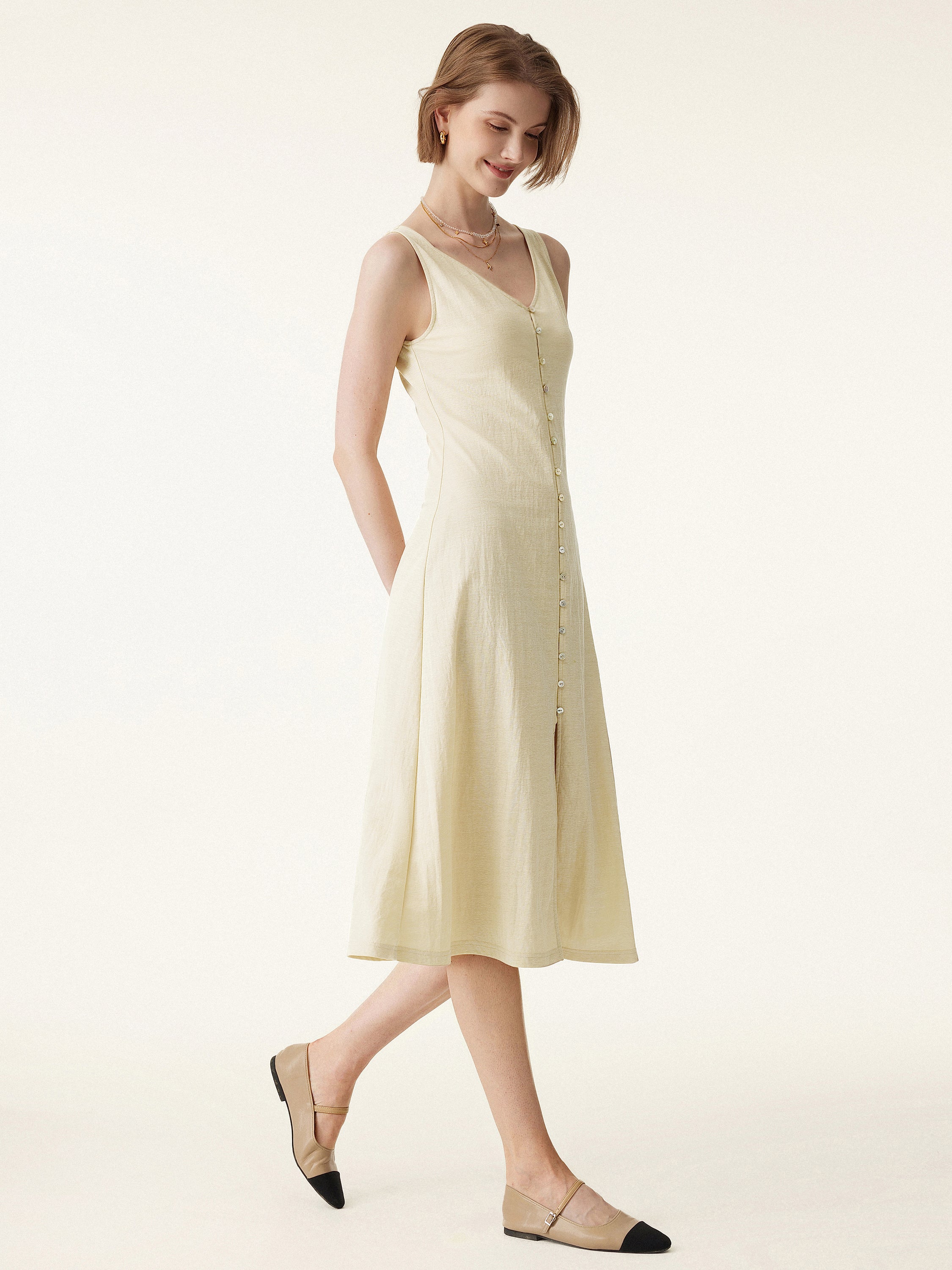 Multi-wear V-neck Button Front Midi Vest Dress - Image 9
