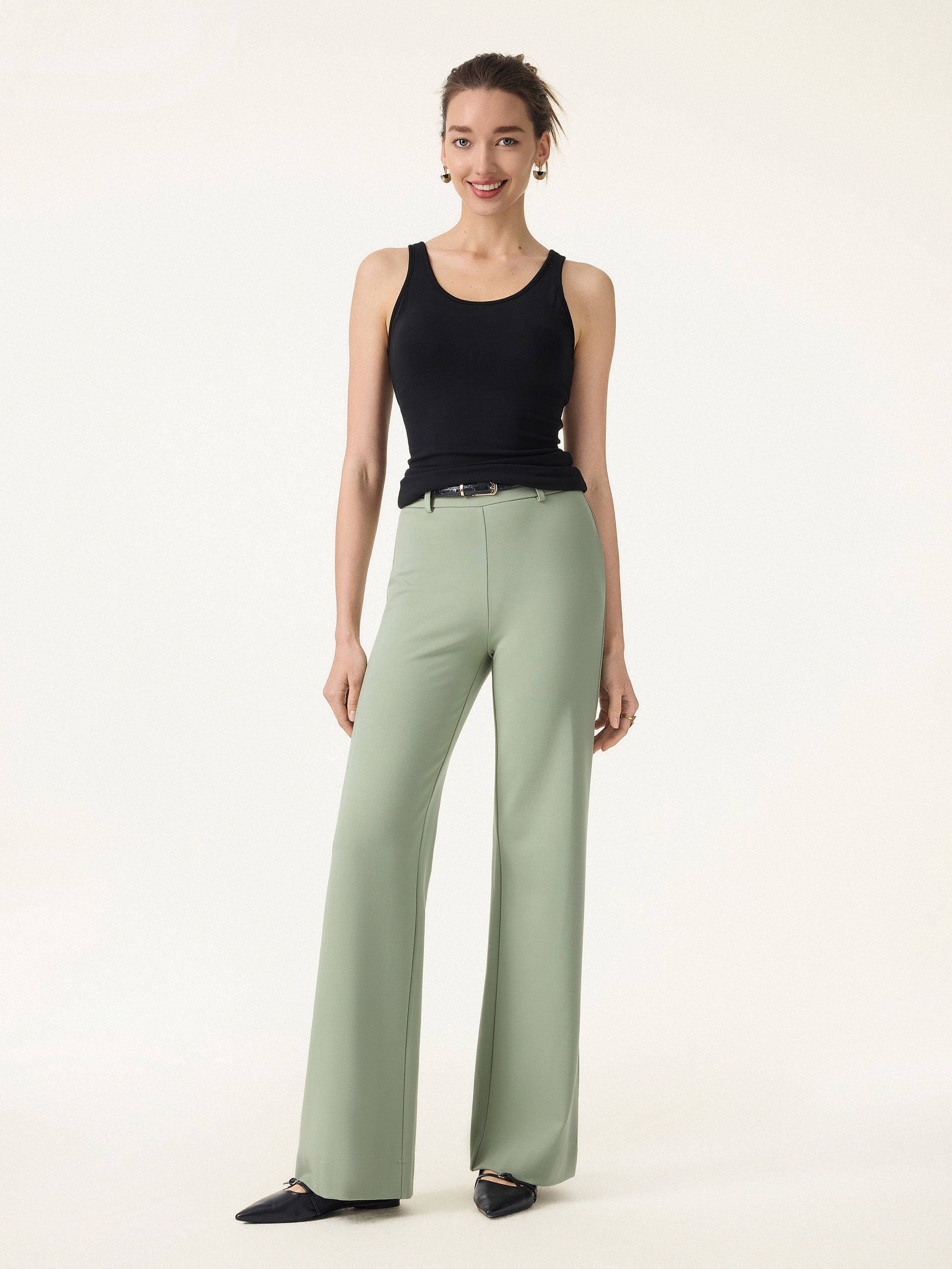 Not-See-Thru Drapey Mid Rise Wide Leg Pull-on Pants with Pockets - Image 15