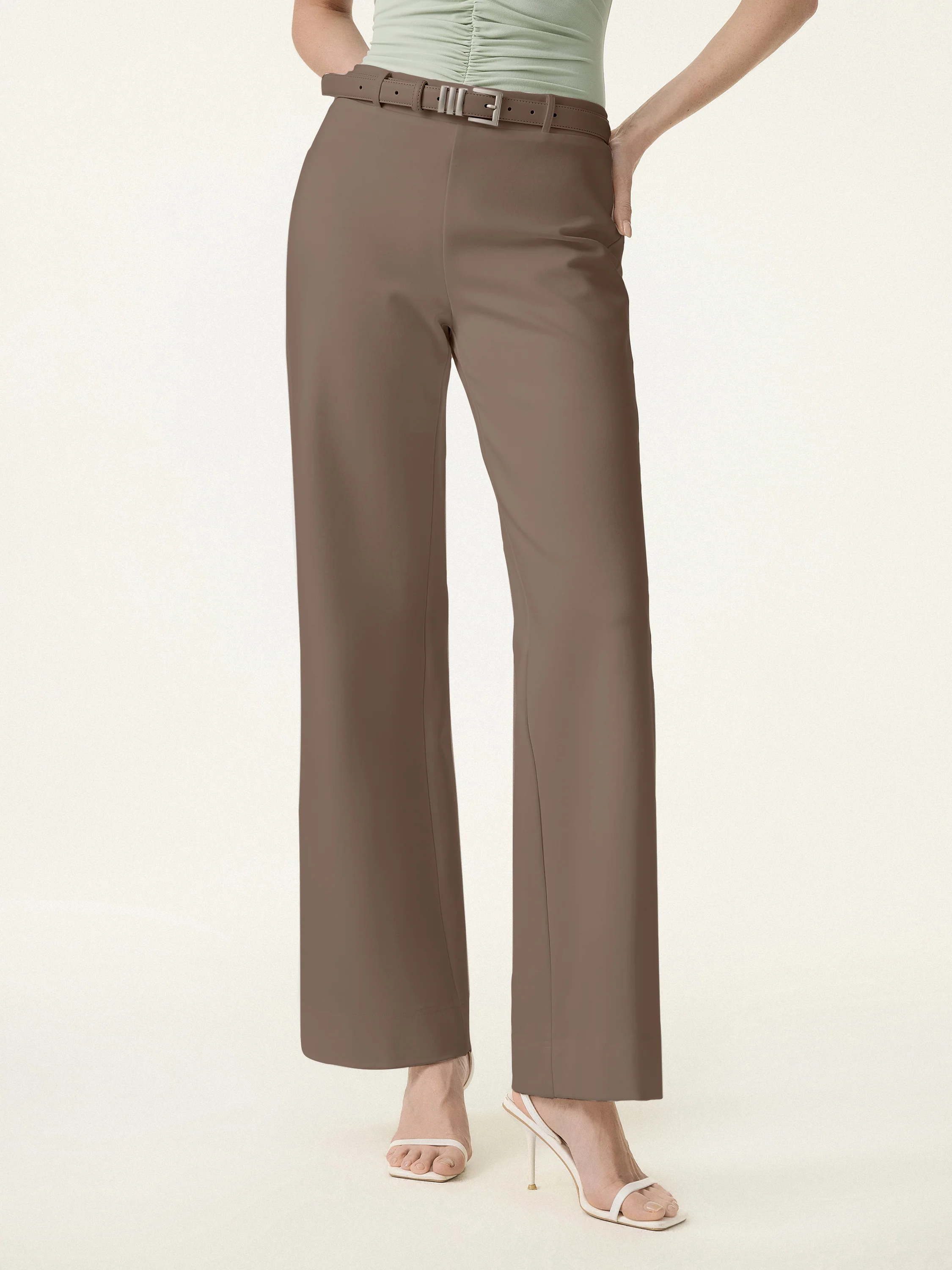 Not-See-Thru Drapey Mid Rise Wide Leg Pull-on Pants with Pockets - Image 17
