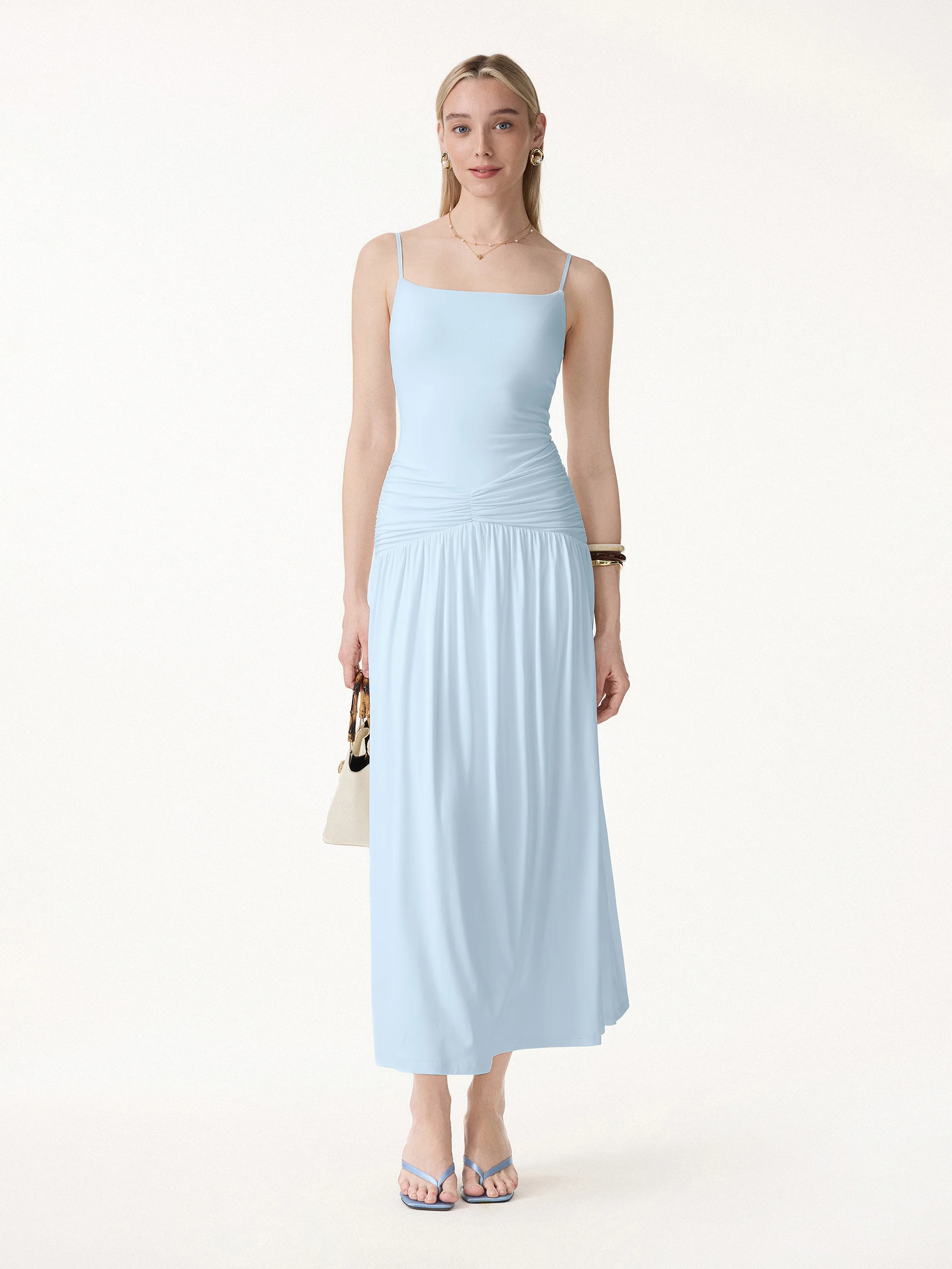Not-See-Thru Spaghetti Gathered Maxi Bra Dress