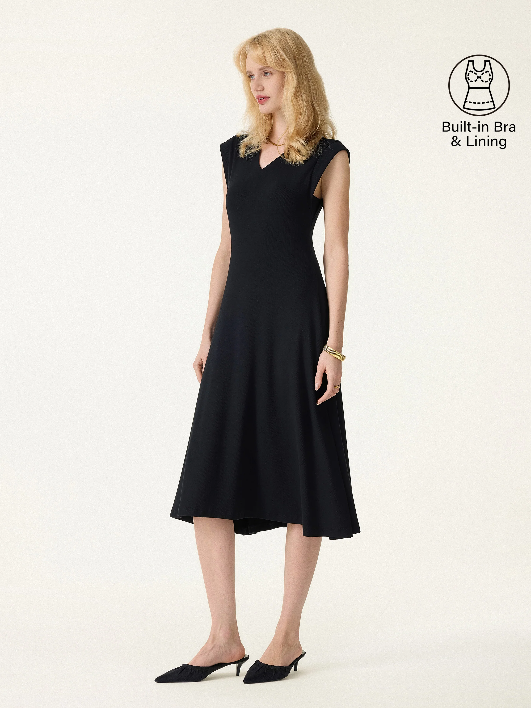 Plantive Flowy V-Neck Flared A-Line Midi Bra Dress - Image 3