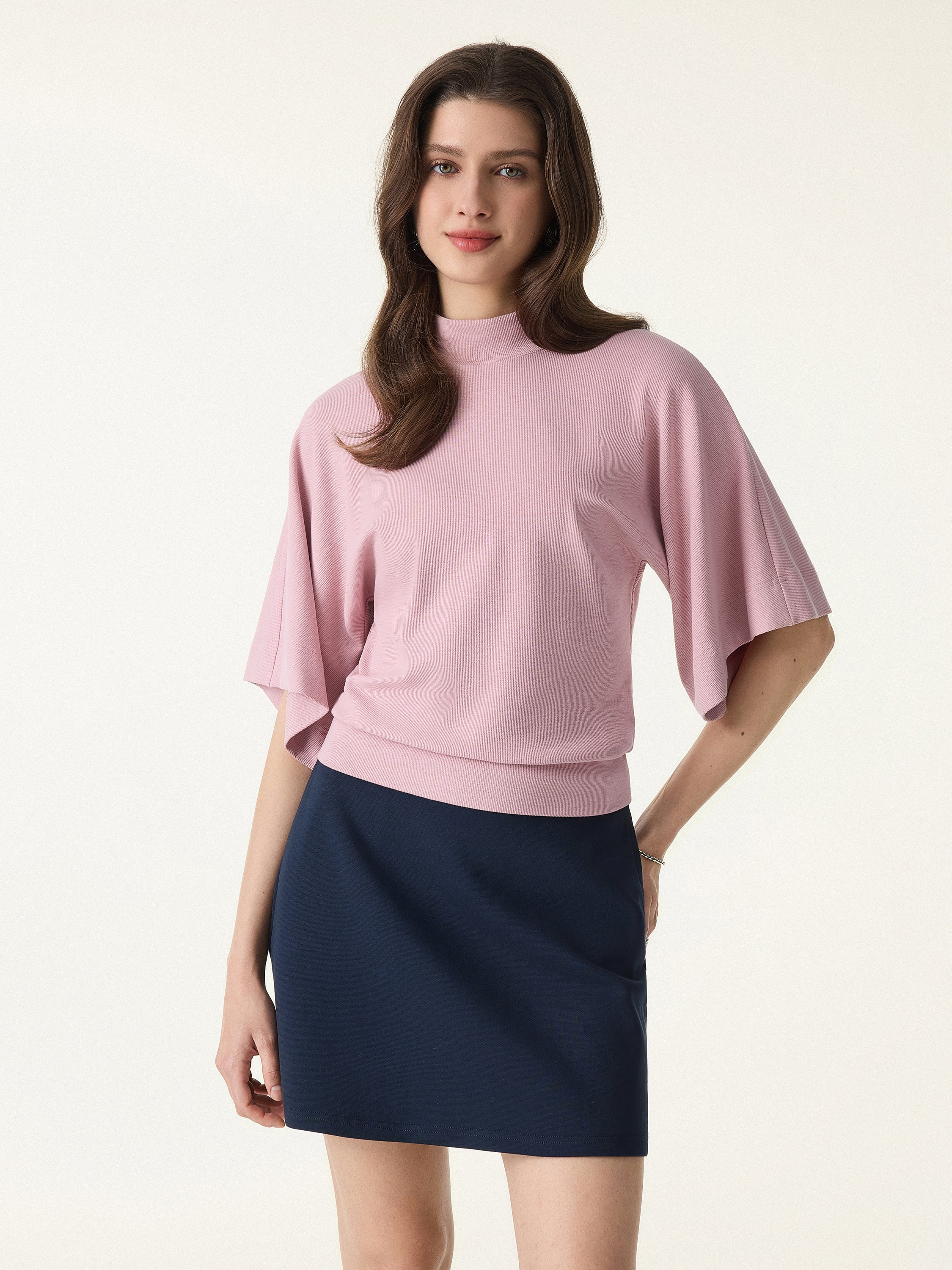 Plantive Mockneck Batwing Short Sleeve Top - Image 6