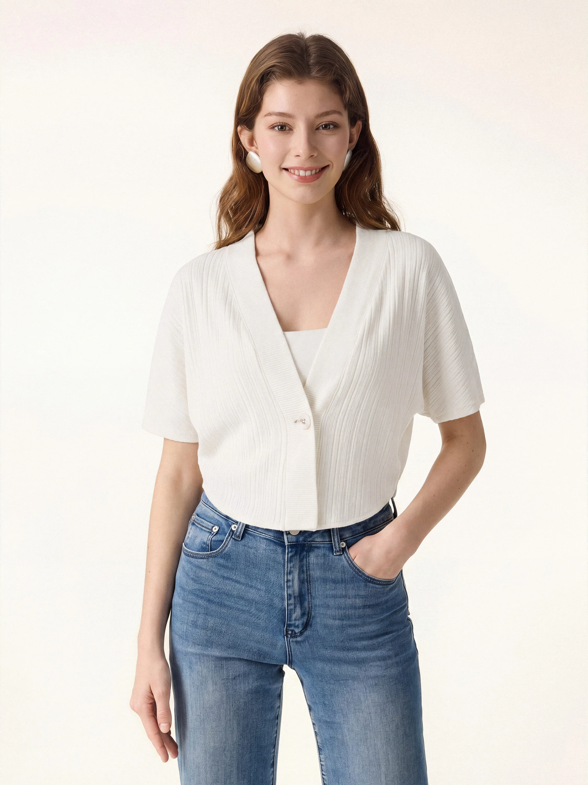 Pointelle Kimono Cropped One-Button Cardigan - Image 3