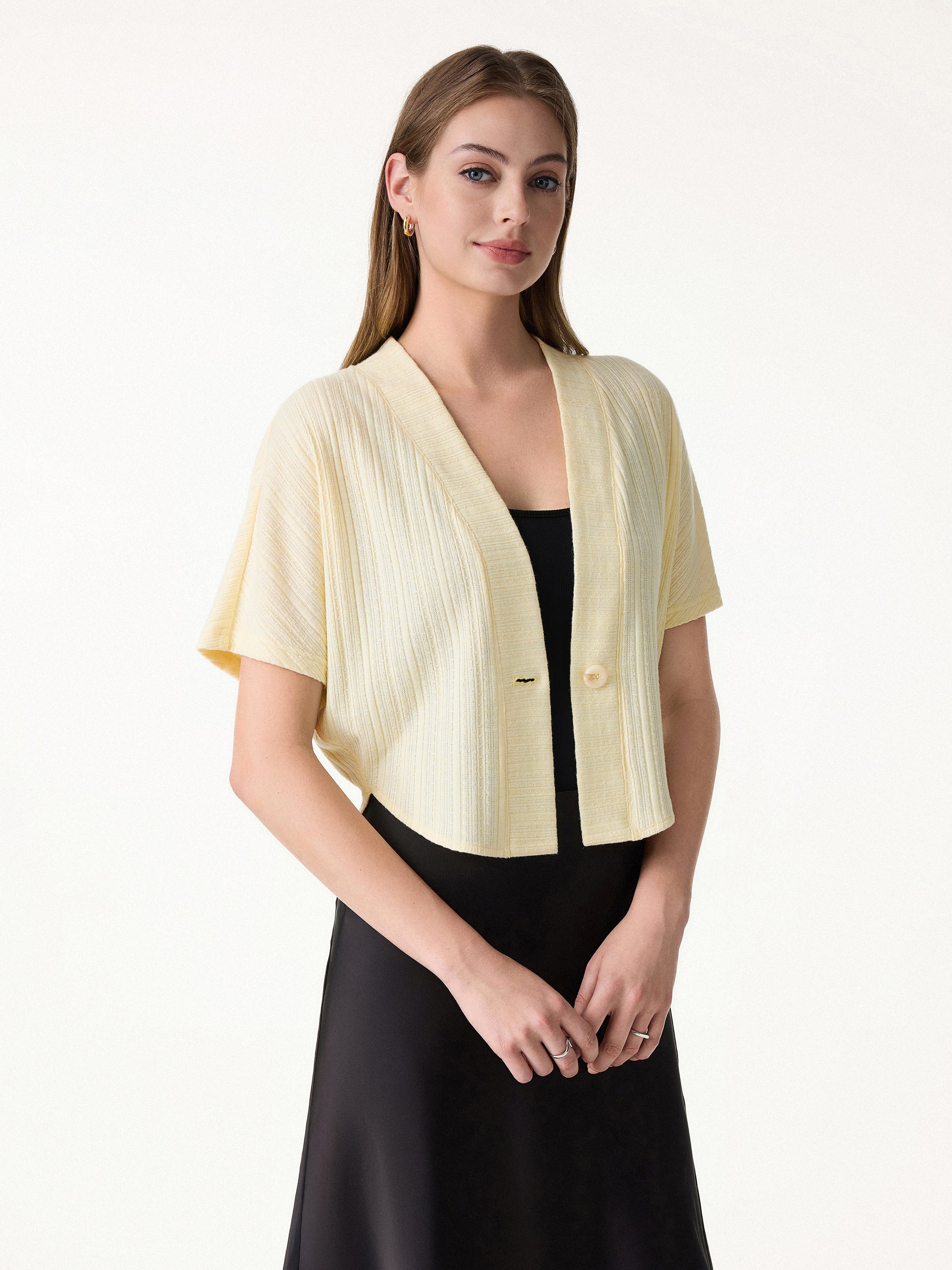 Pointelle Kimono Cropped One-Button Cardigan - Image 8