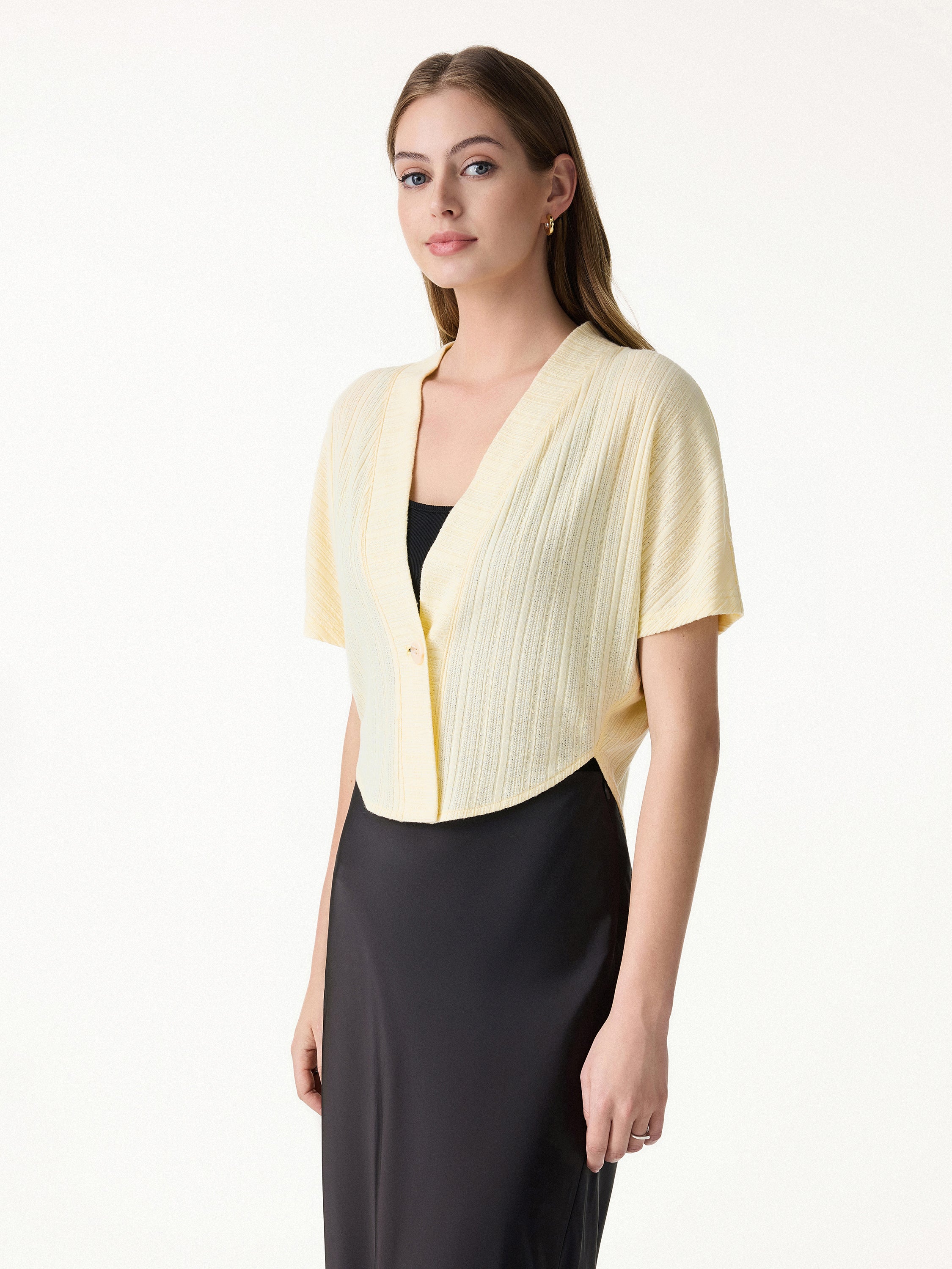 Pointelle Kimono Cropped One-Button Cardigan - Image 9