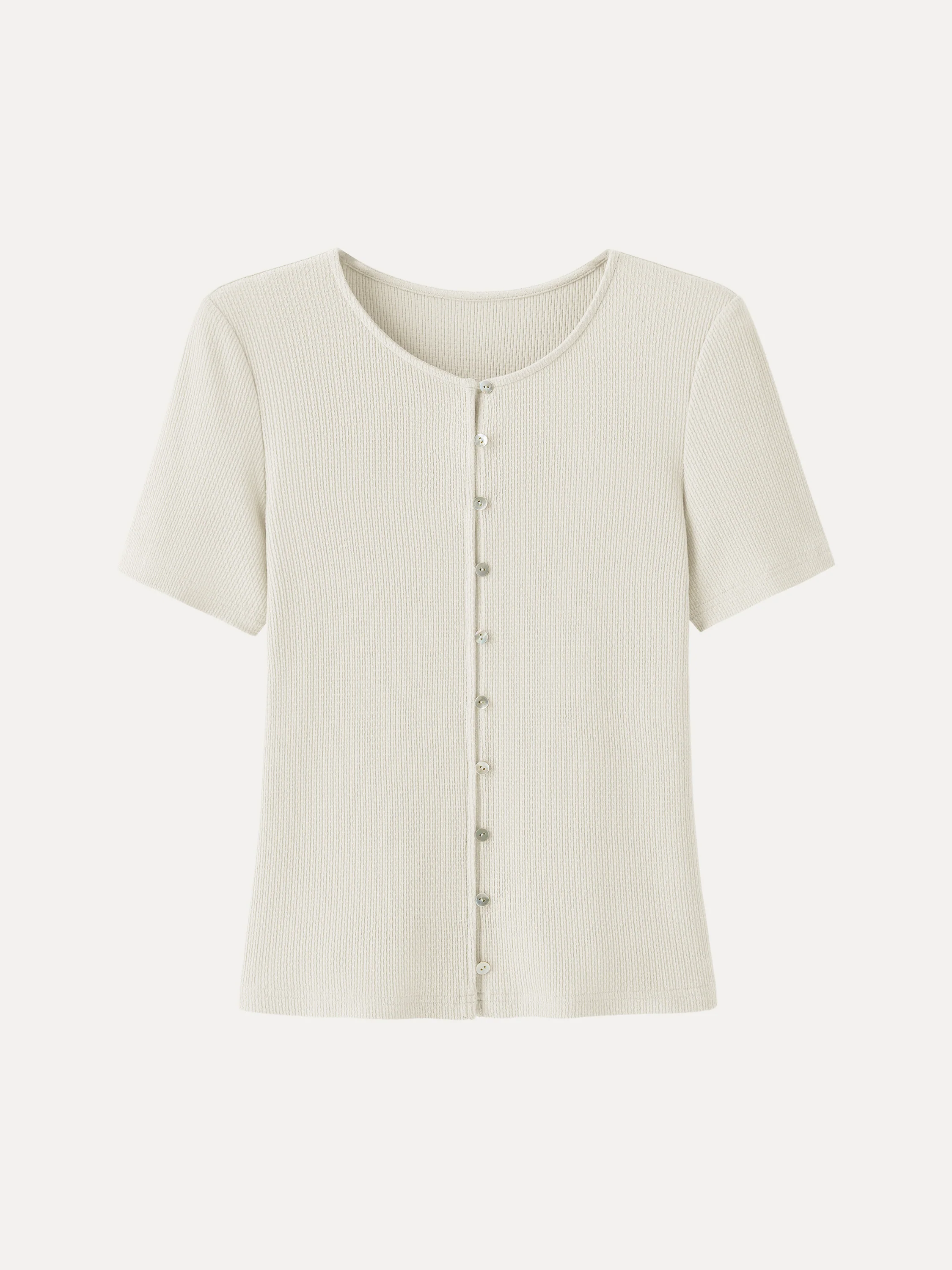 Pointelle Relaxed Short Sleeve Button-Front Cardigan Top - Image 2