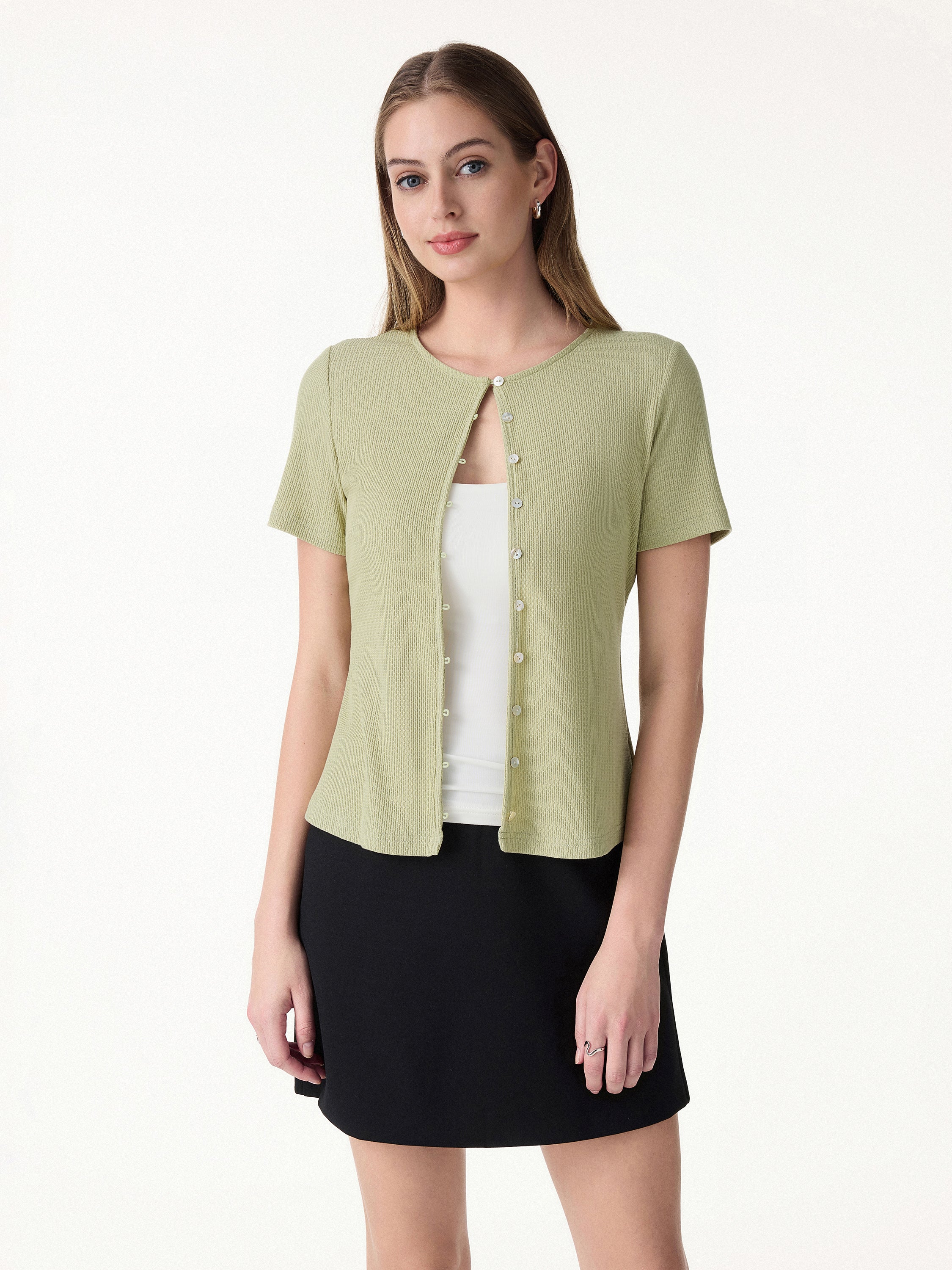 Pointelle Relaxed Short Sleeve Button-Front Cardigan Top - Image 4