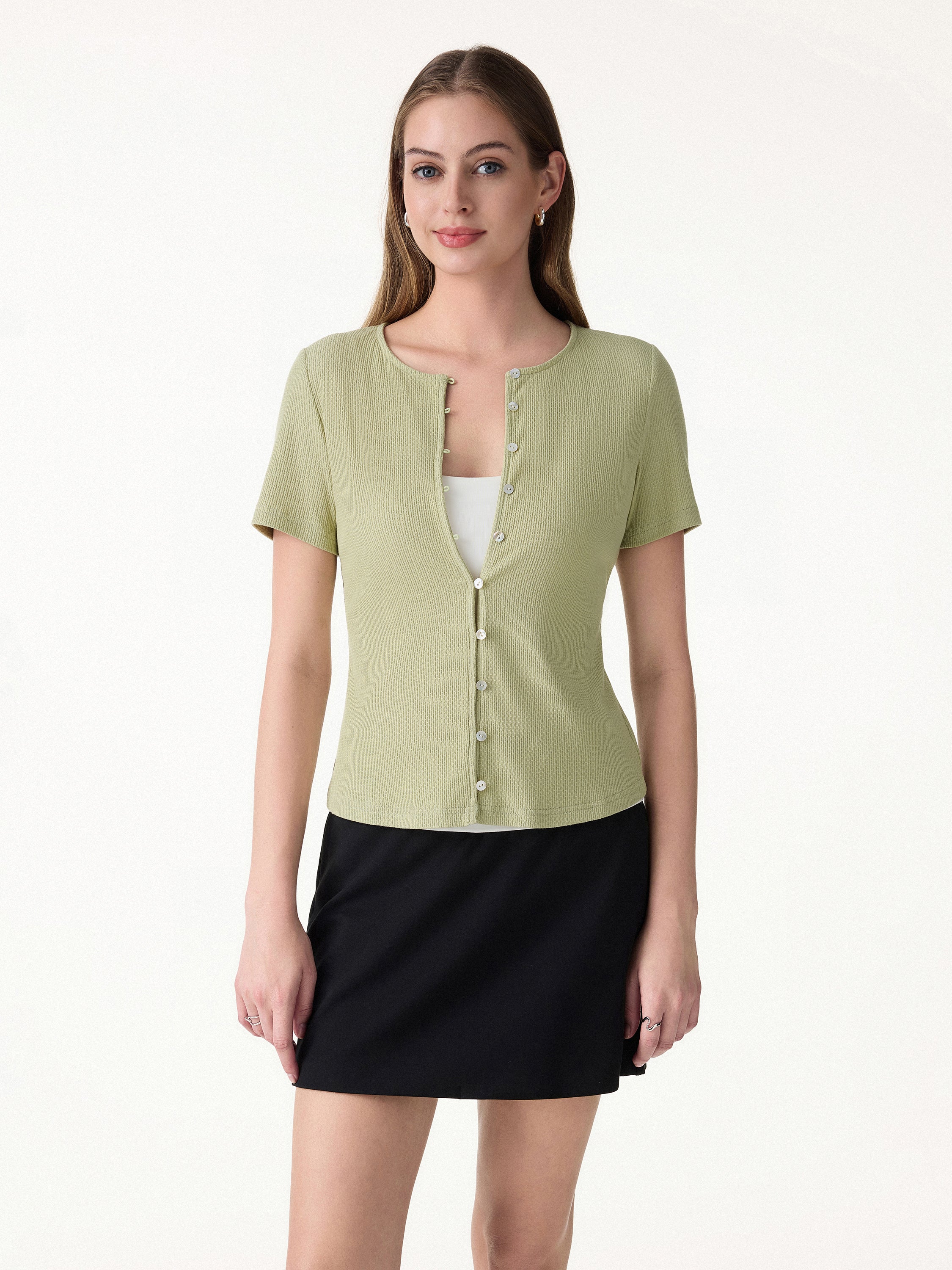 Pointelle Relaxed Short Sleeve Button-Front Cardigan Top - Image 6
