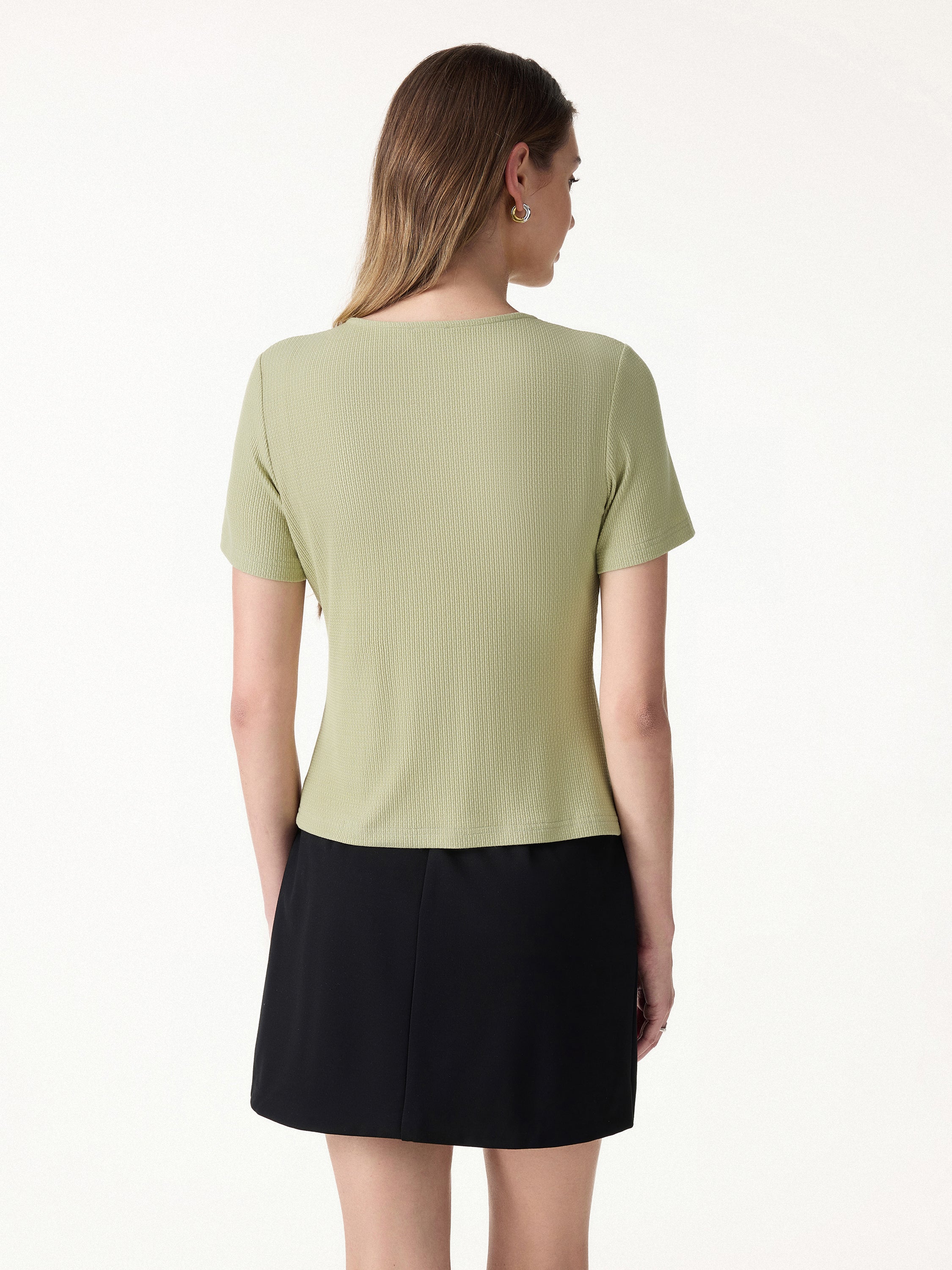 Pointelle Relaxed Short Sleeve Button-Front Cardigan Top - Image 8