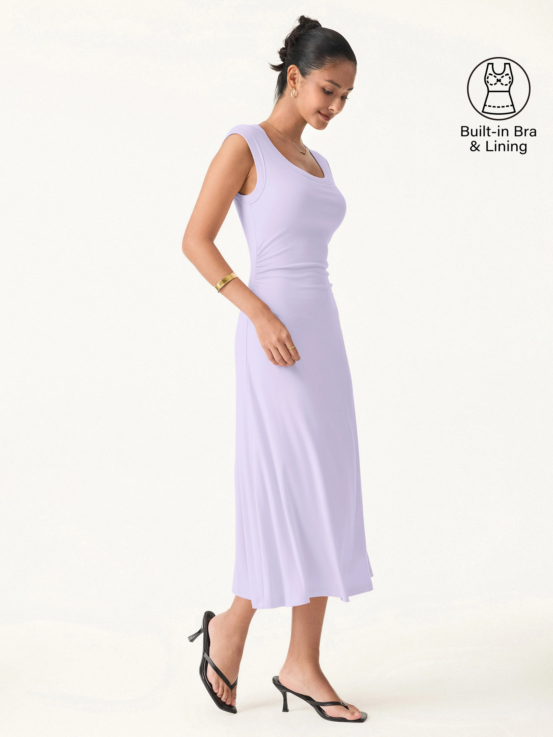 Scoop Neck Side Ruched New Airy Bra Midi Dress - Image 14