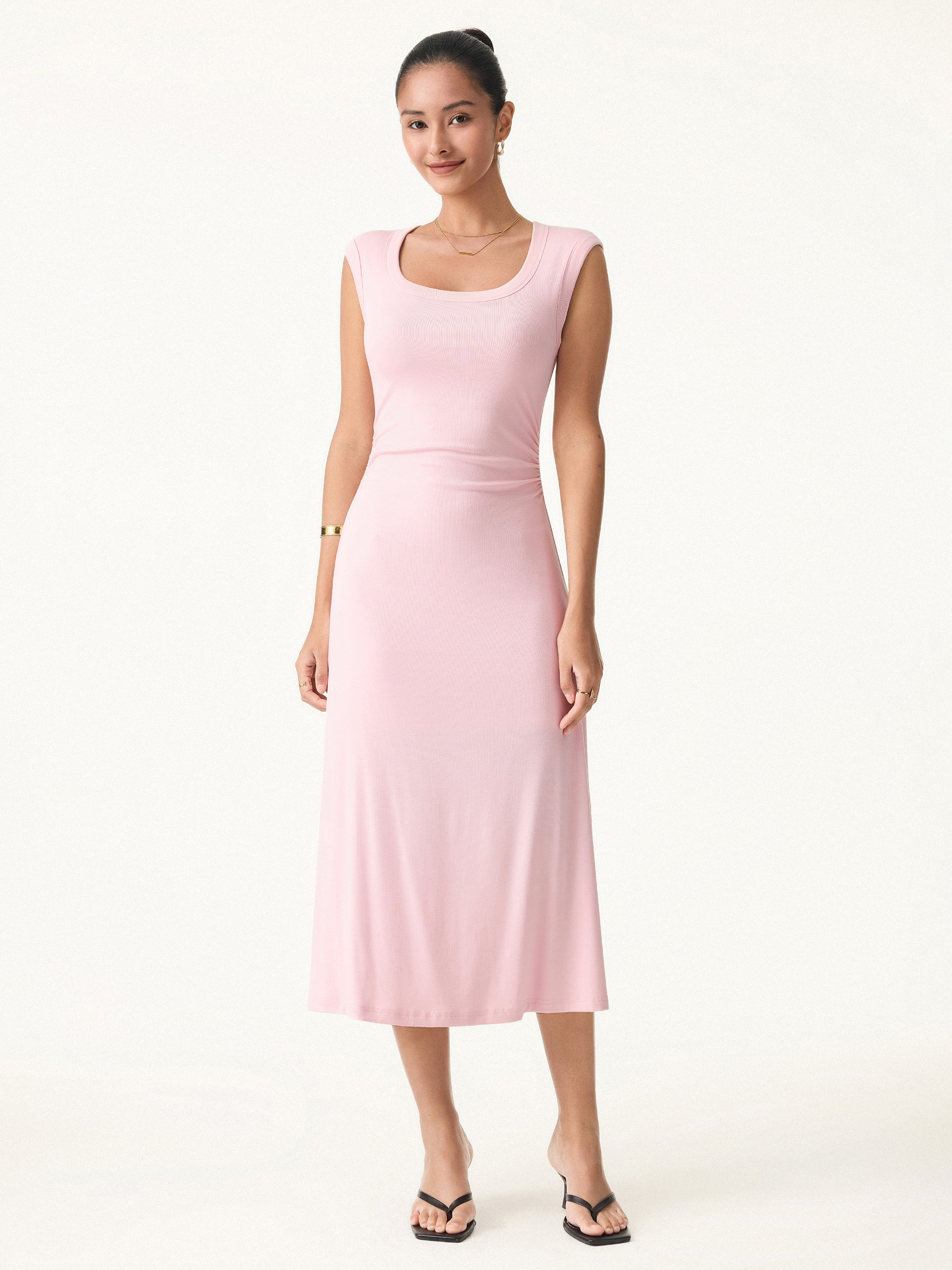 Scoop Neck Side Ruched New Airy Bra Midi Dress - Image 4