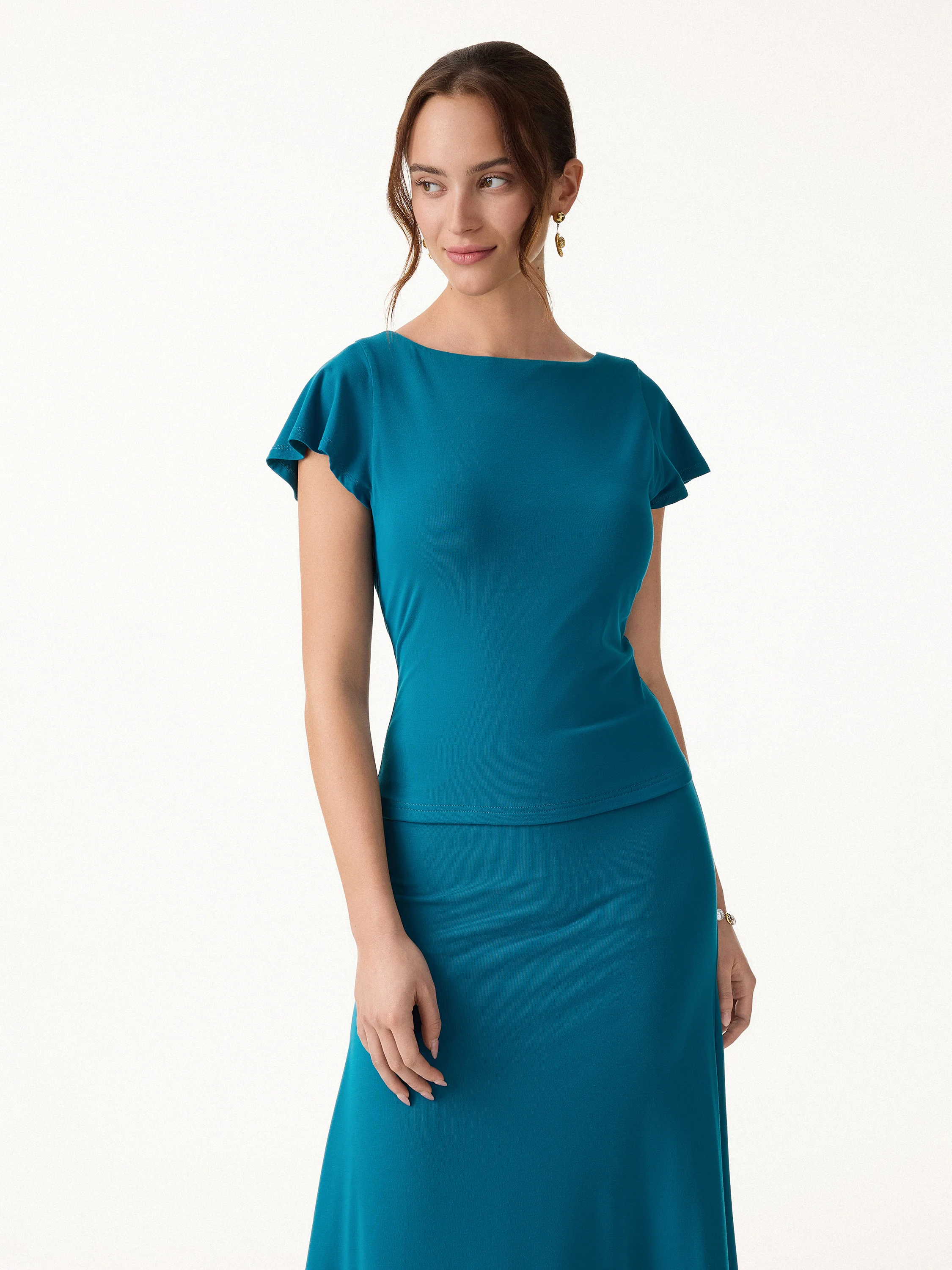 SkinKiss Boatneck Cowl Back Flutter Sleeve Bra Top - Image 5