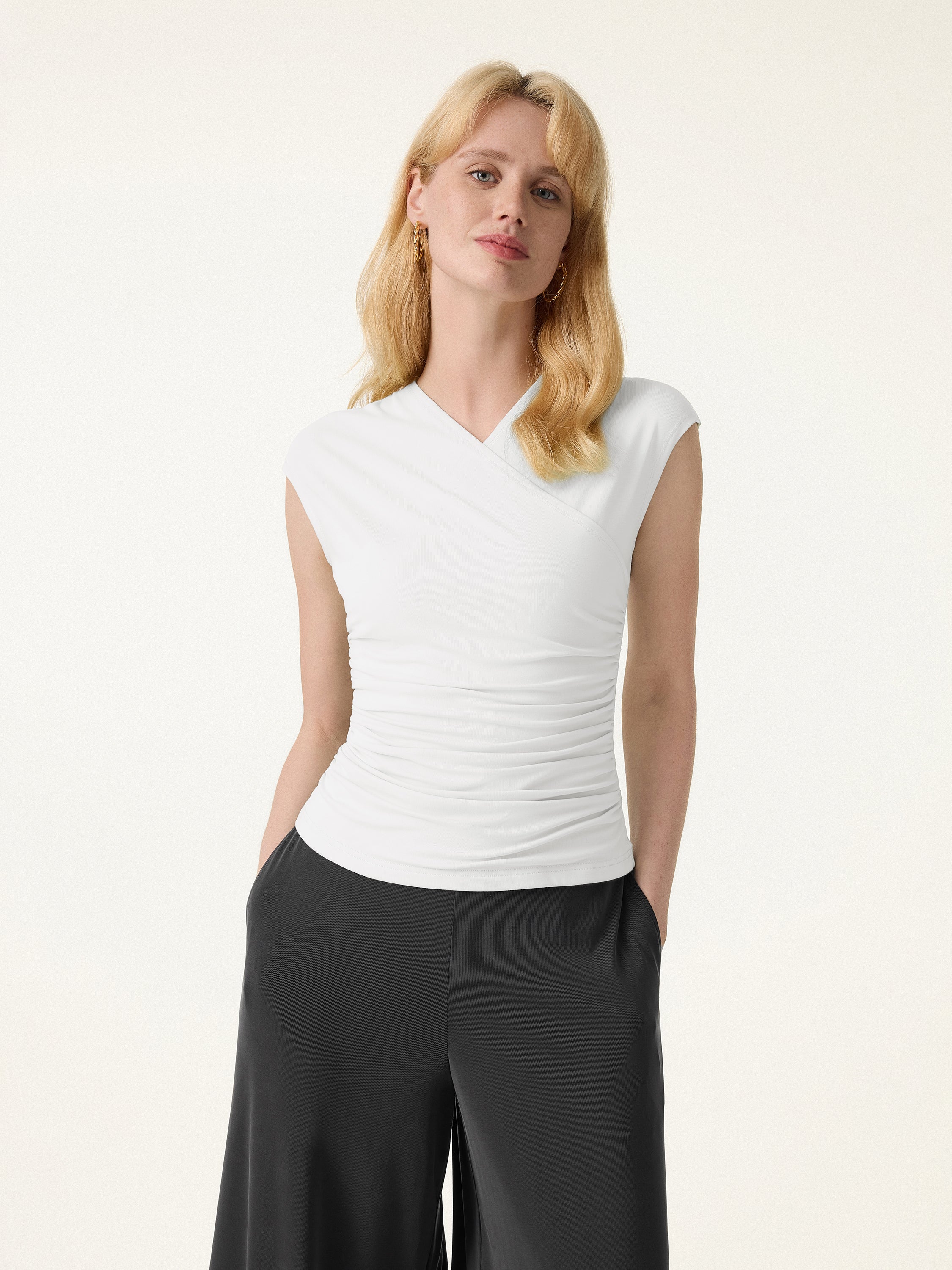 SkinKiss Cooling Surplice Ruched Cap Sleeve Summer Top