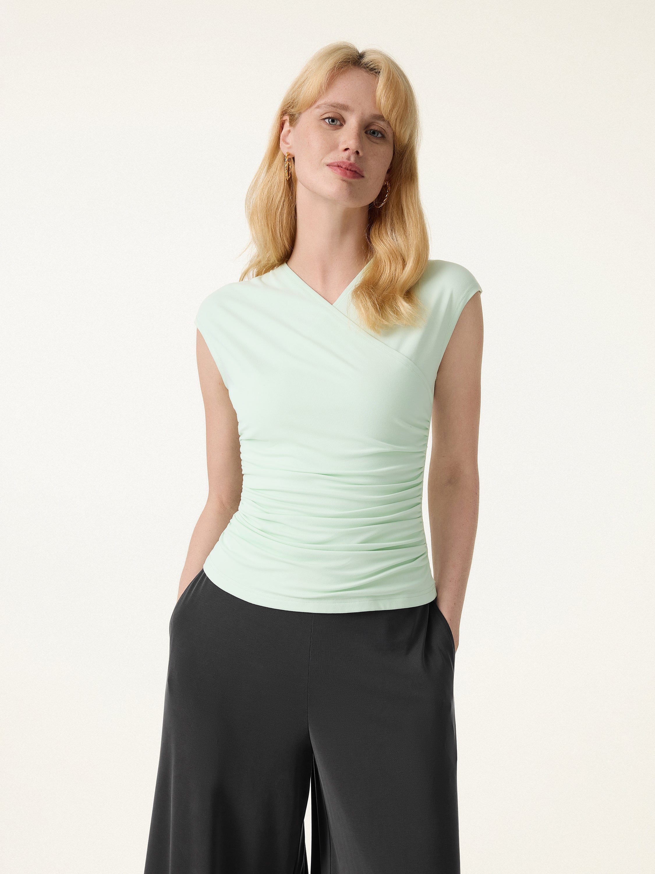 SkinKiss Cooling Surplice Ruched Cap Sleeve Summer Top - Image 7