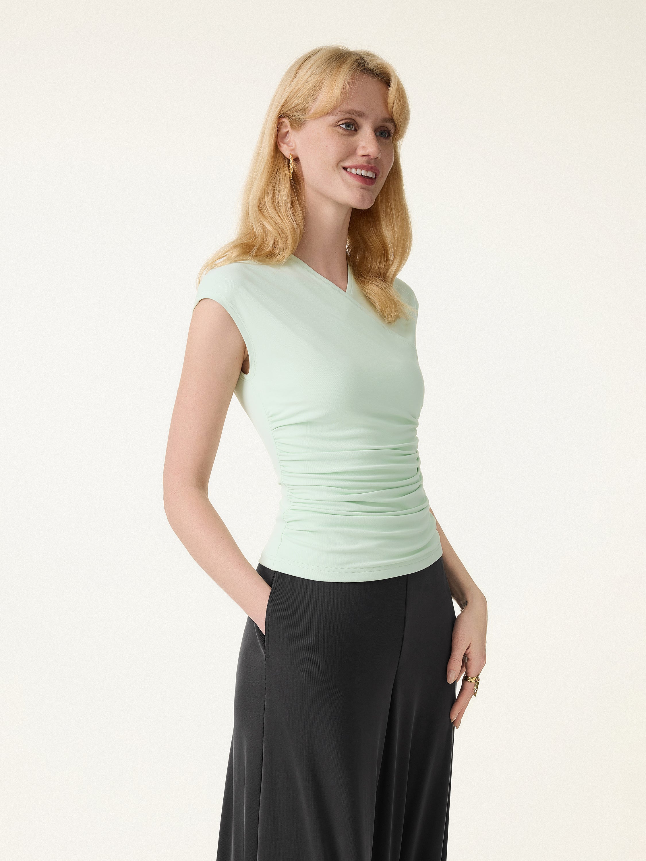 SkinKiss Cooling Surplice Ruched Cap Sleeve Summer Top - Image 9