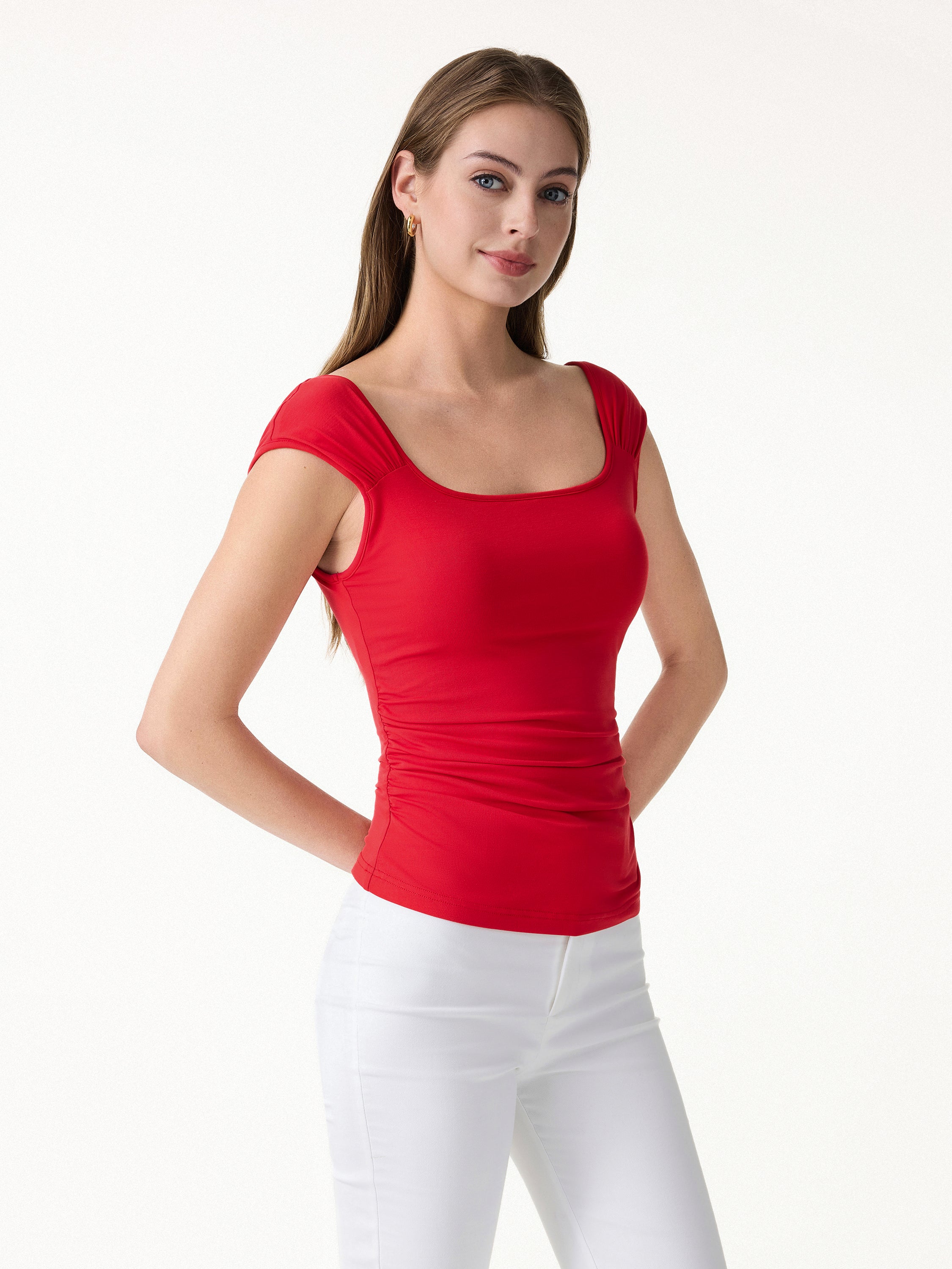 SkinKiss Square Neck Cap Sleeve Ruched Bra Top - Image 3