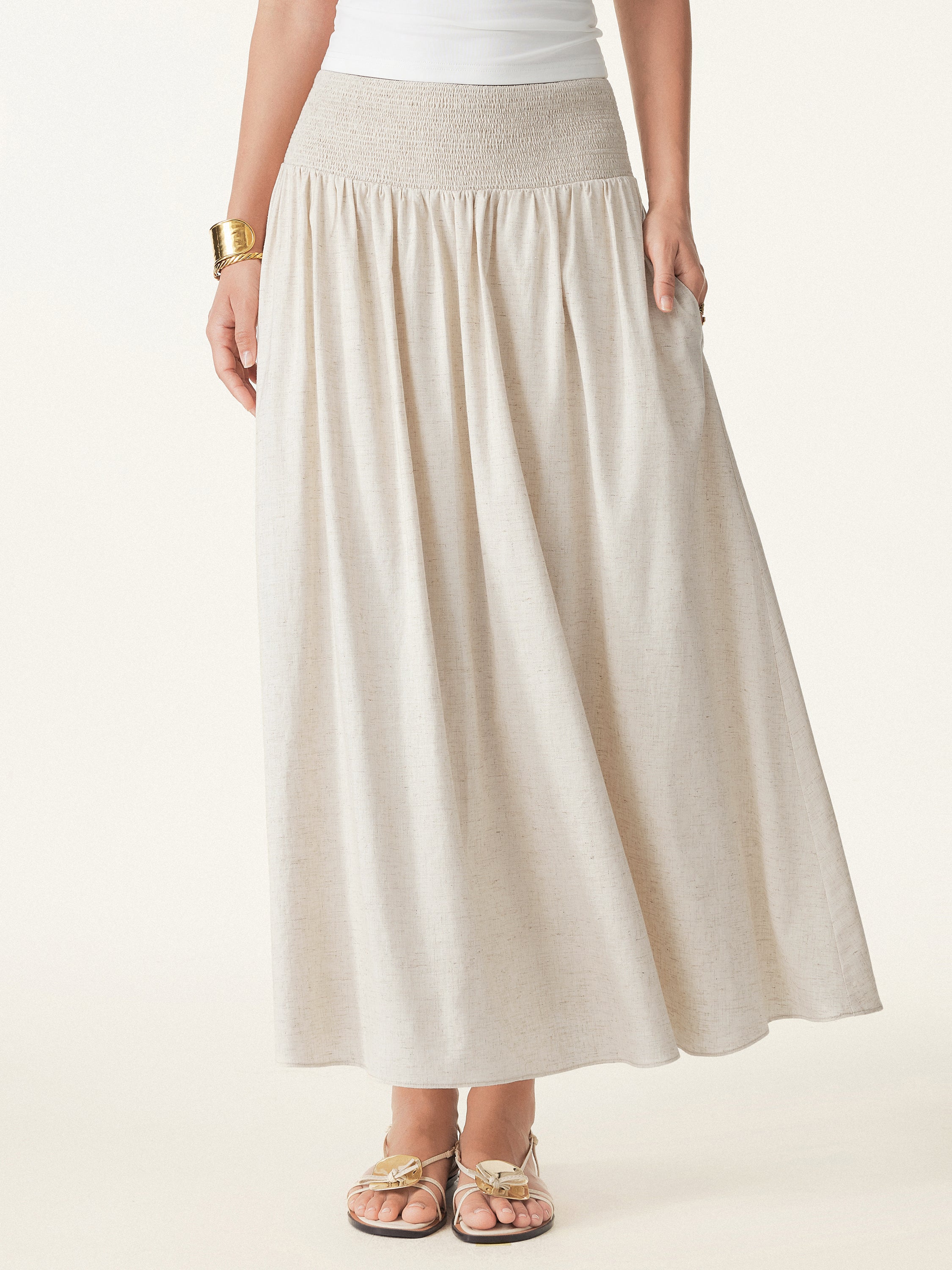 European Linen Smocked Waist Skirt with Pockets - Image 4