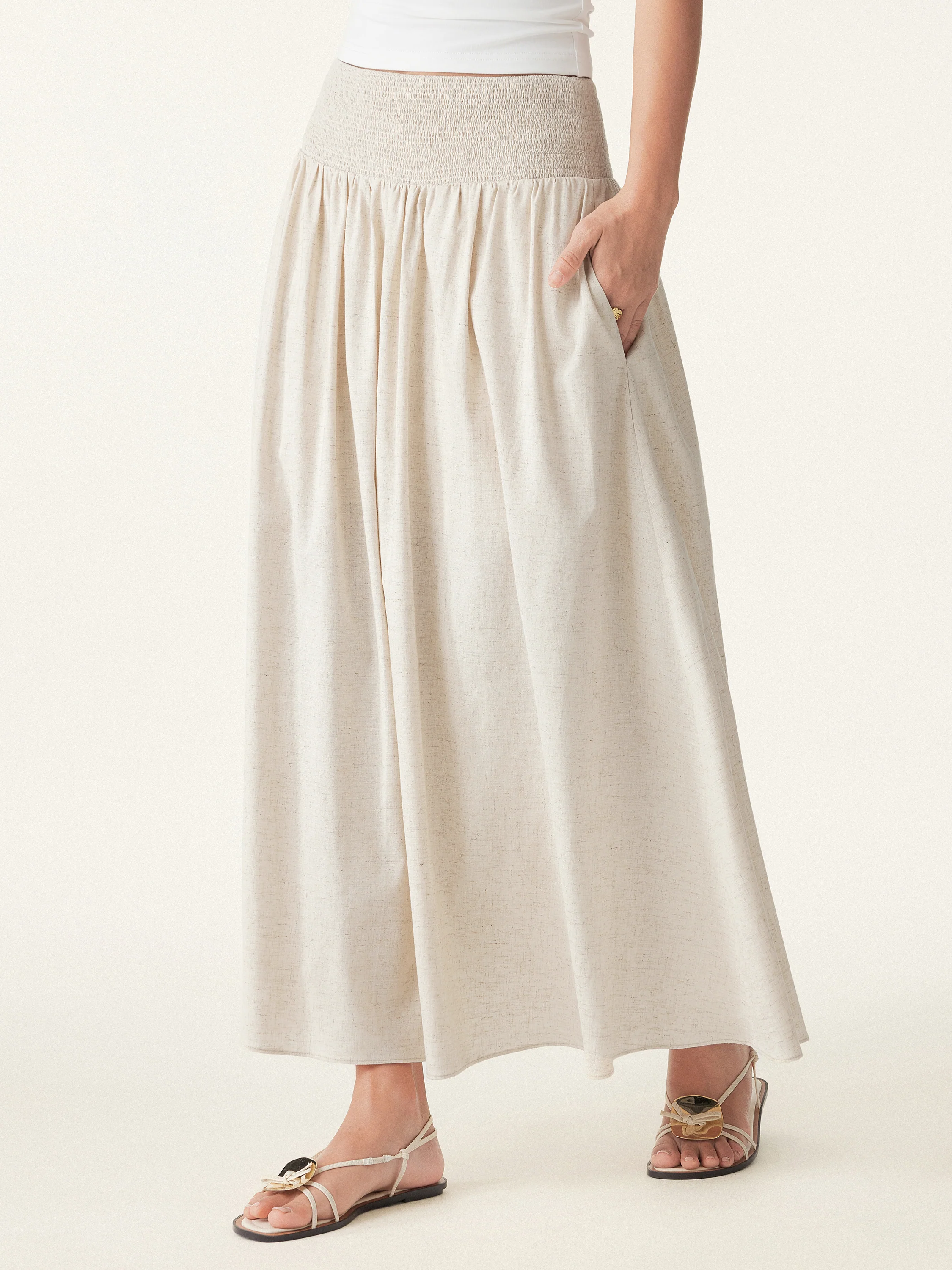 European Linen Smocked Waist Skirt with Pockets - Image 6