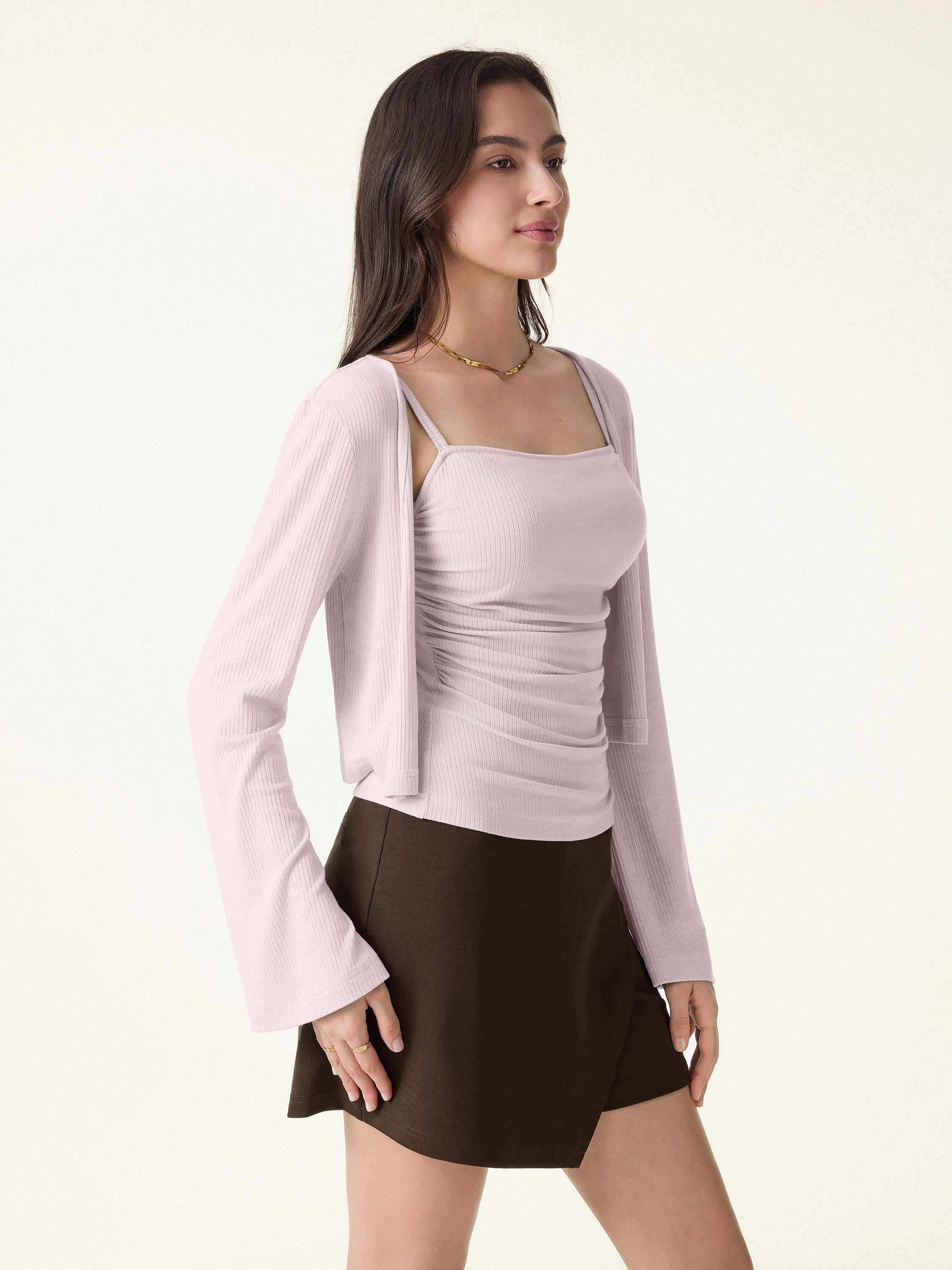 Soft Bell Sleeve Millennial Pink Cropped Cardigan - Image 2