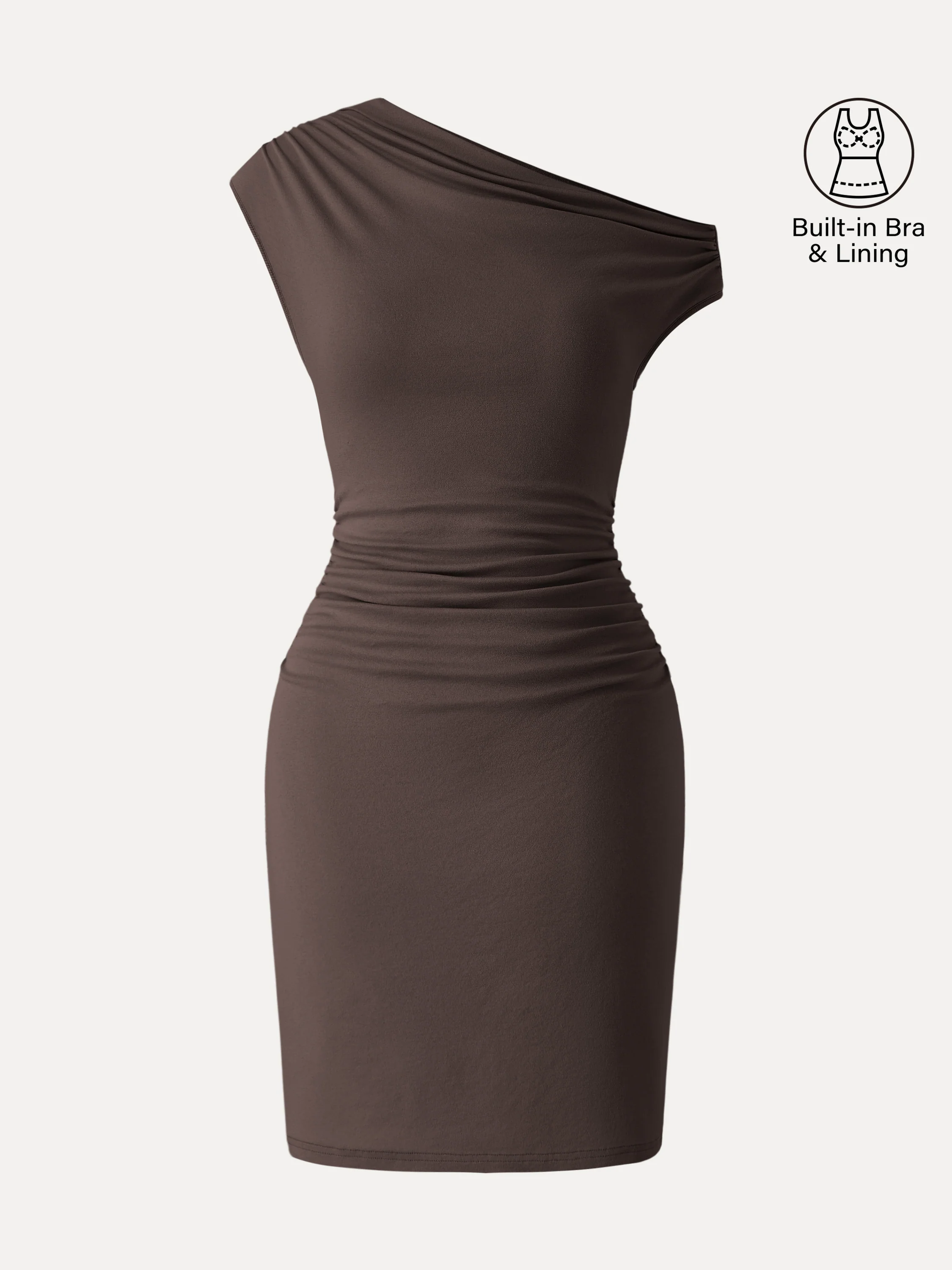 Soft Cotton Lyocell Ruched Asymmetrical Shoulder Mini Bra Dress - Image 2