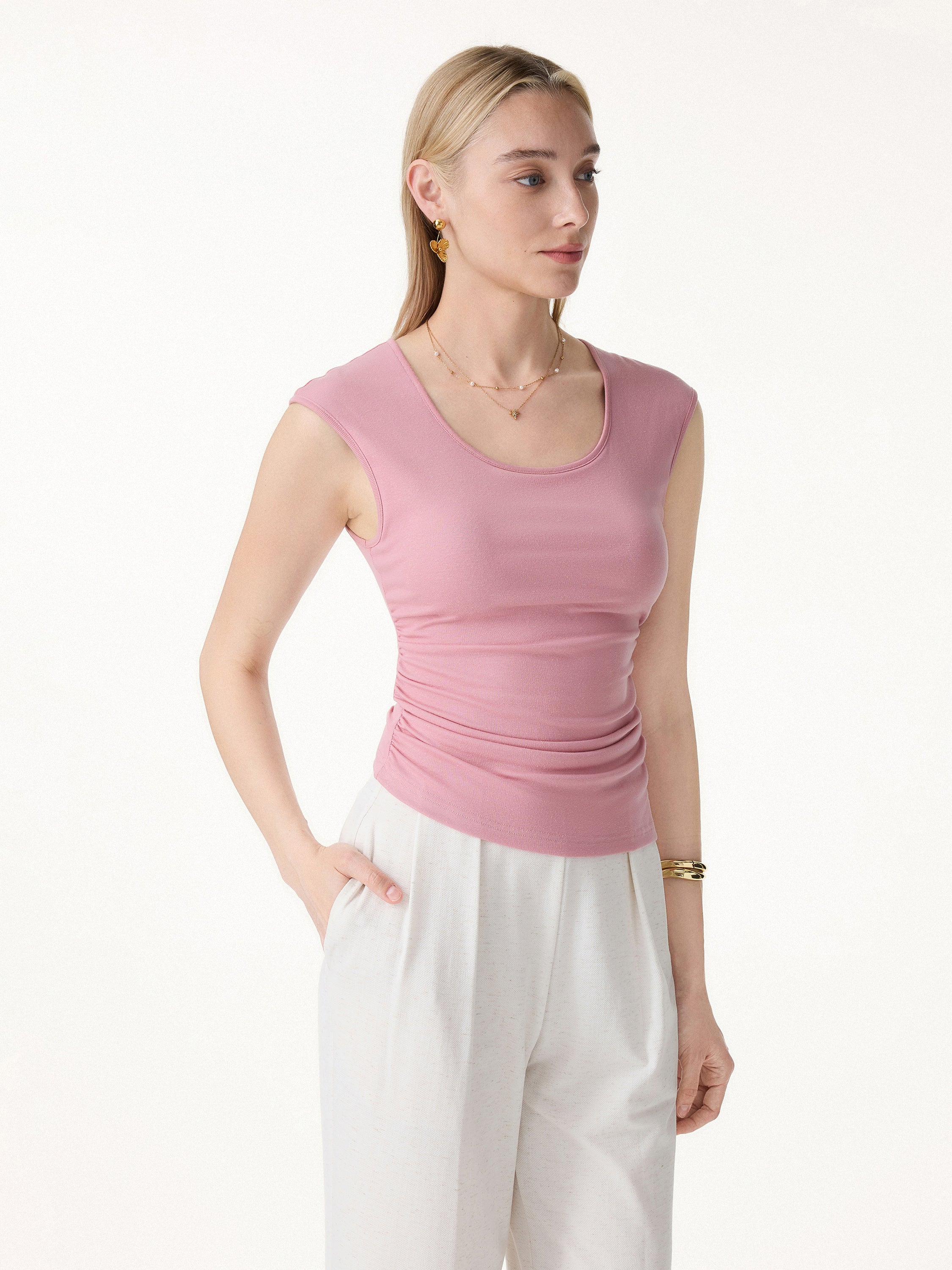 Soft Linen Knit Scoop Neck Ruched Bra Top - Image 8