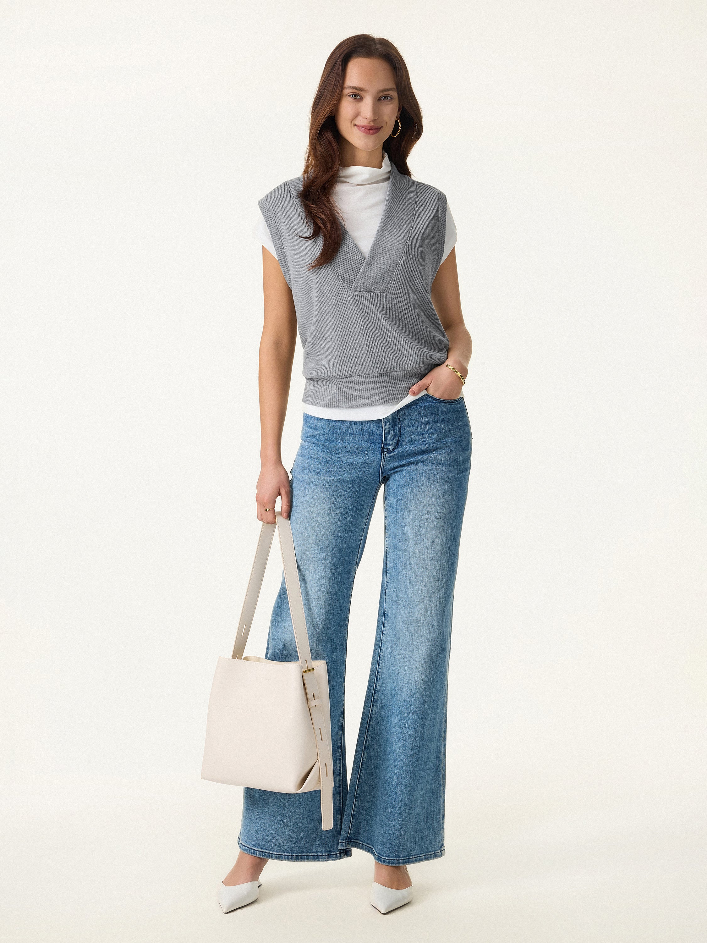 Soft Rib Knit V-Neck Wide Shoulder Vest - Image 3