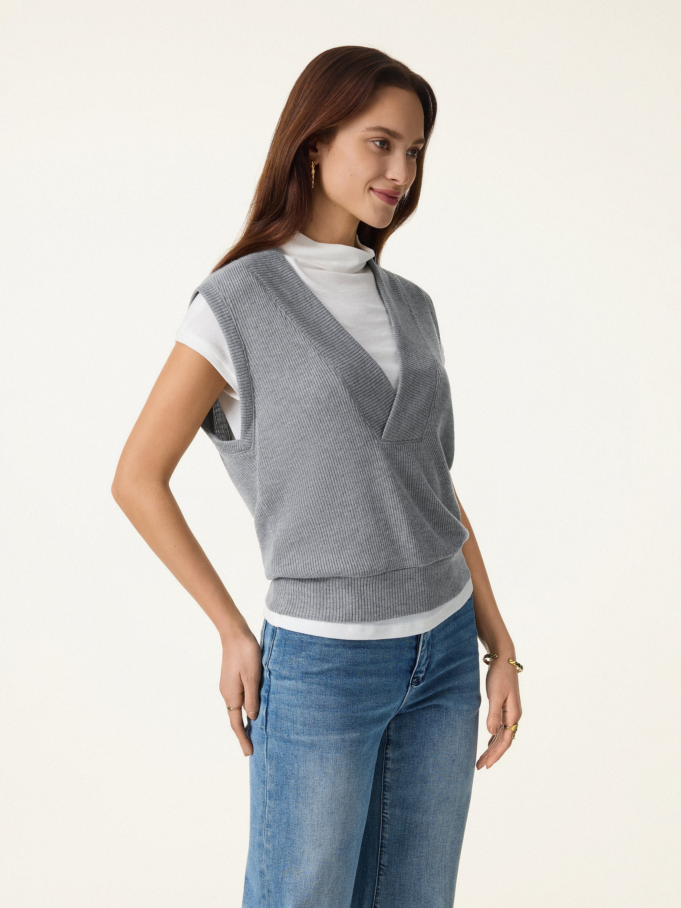 Soft Rib Knit V-Neck Wide Shoulder Vest - Image 4