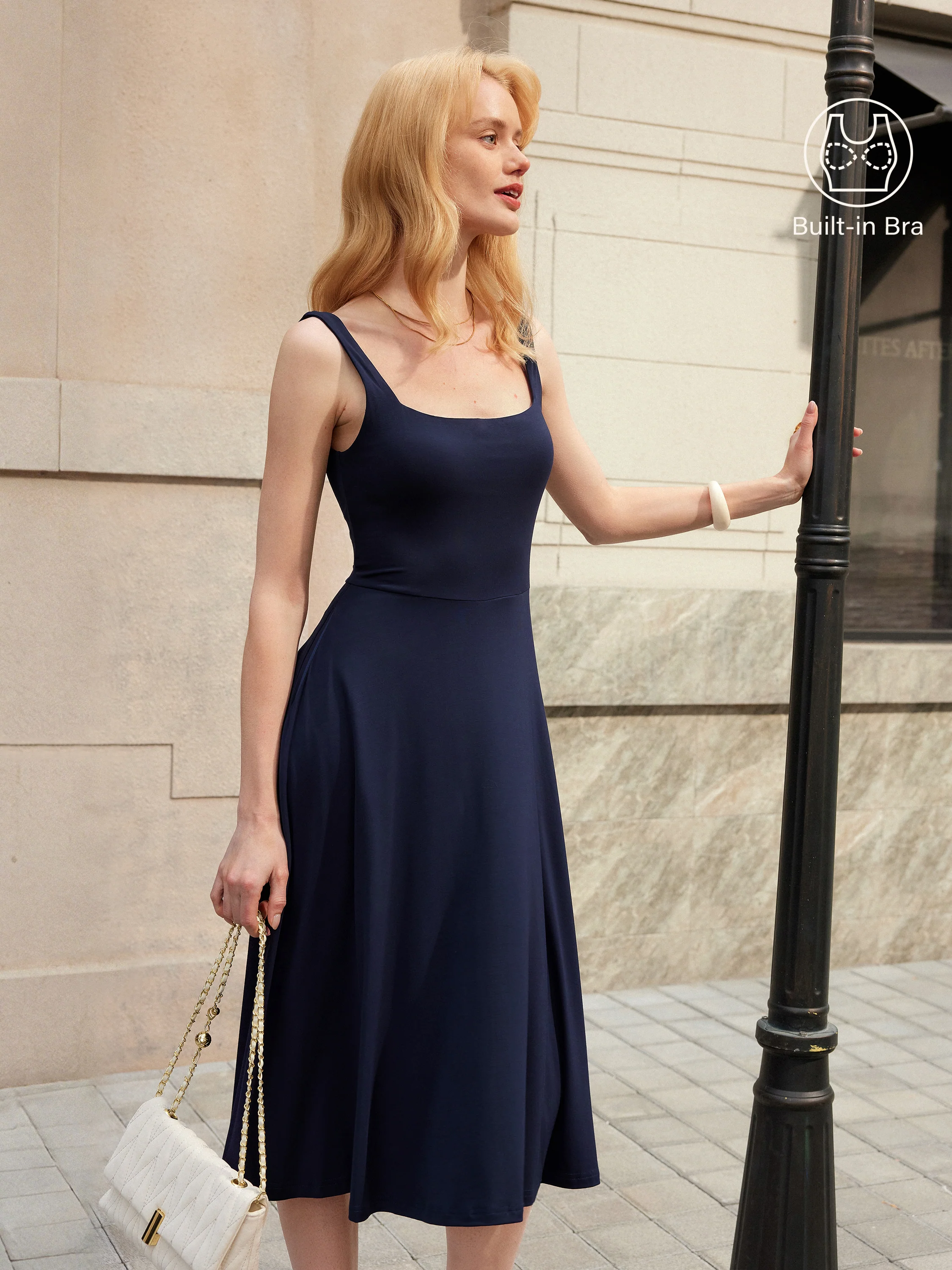 Square Neck Flowy New Airy Bra Midi Dress - Image 11