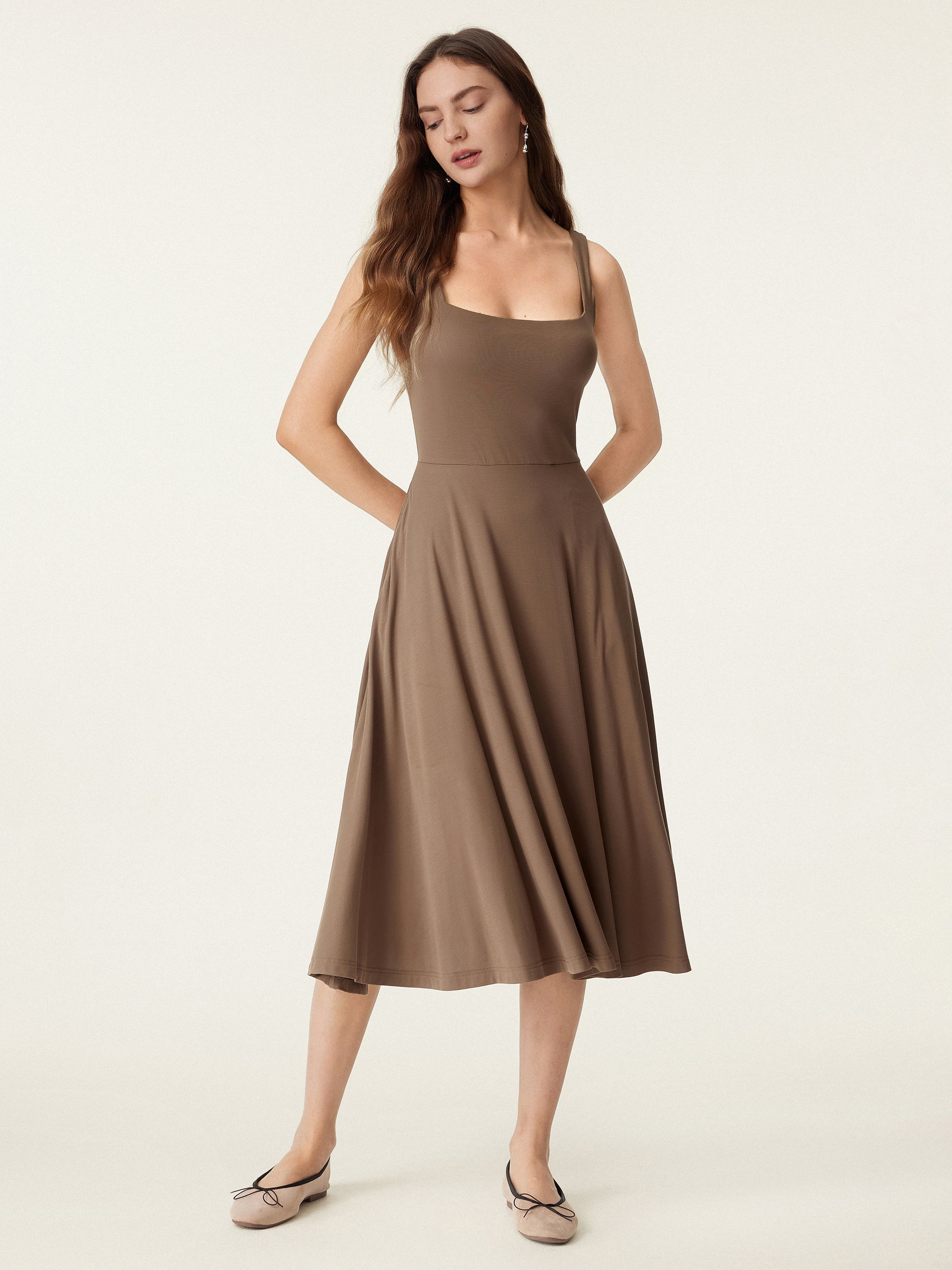 Square Neck Flowy New Airy Bra Midi Dress - Image 18