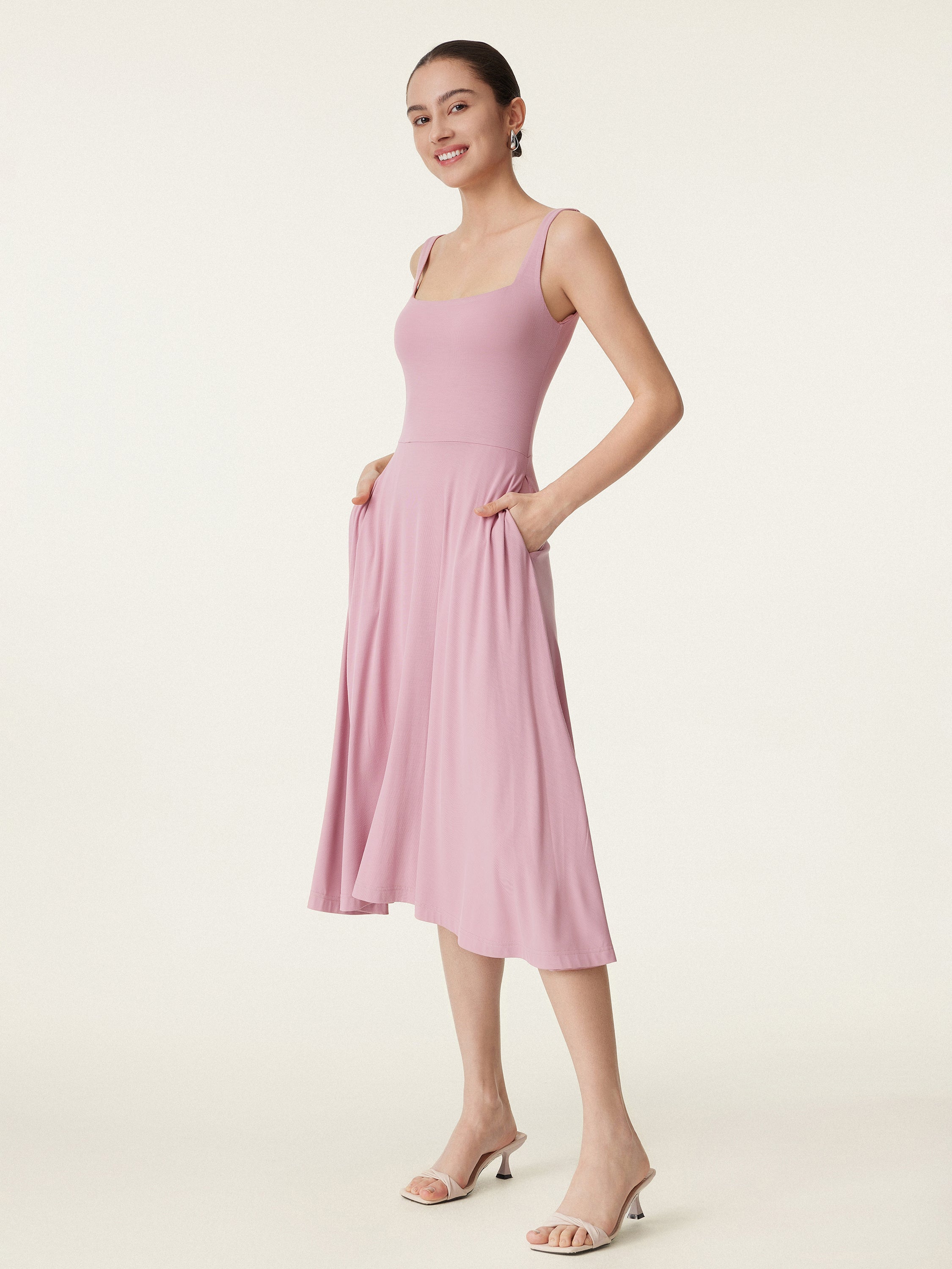Square Neck Flowy New Airy Bra Midi Dress - Image 5