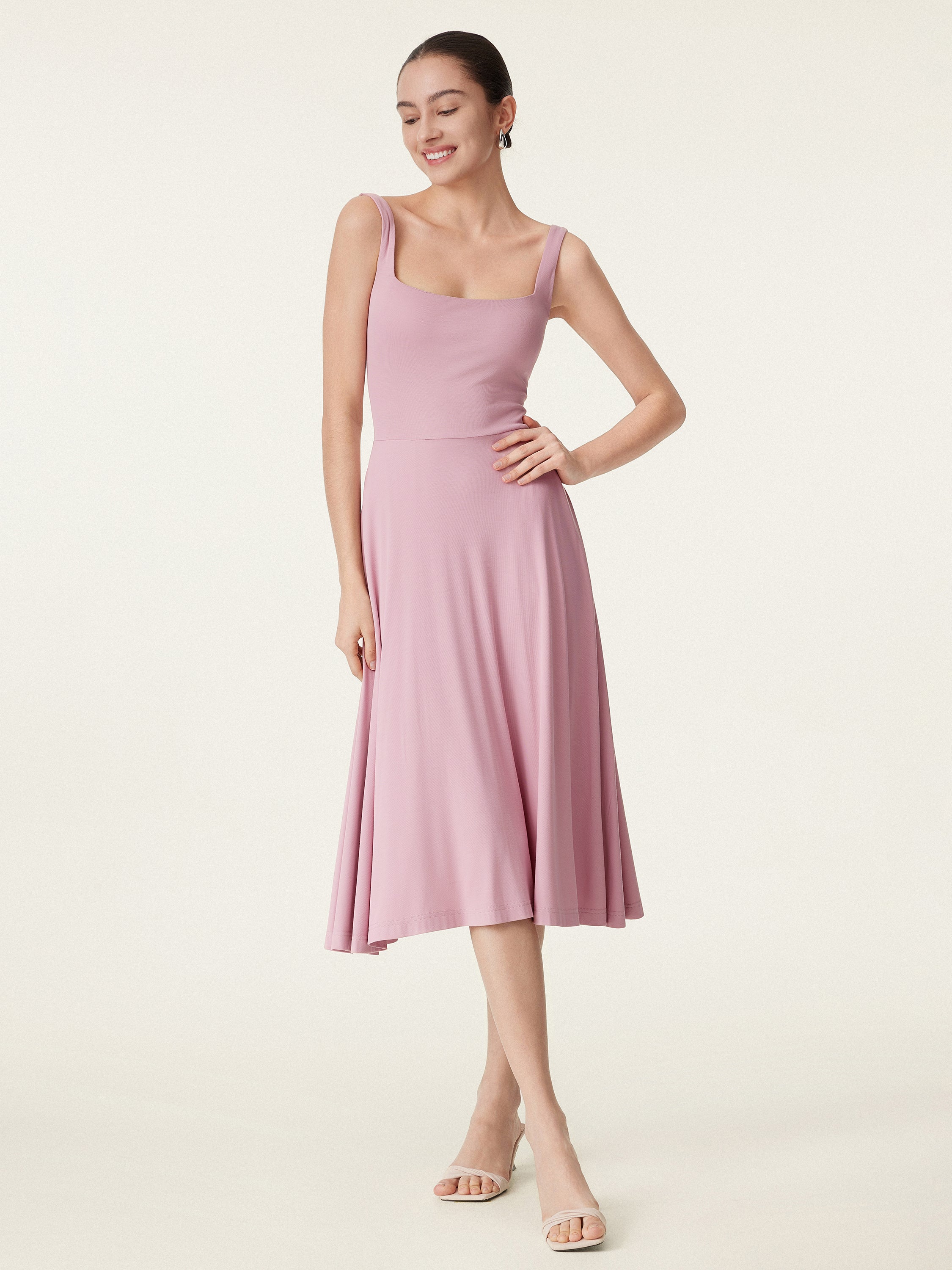 Square Neck Flowy New Airy Bra Midi Dress - Image 6