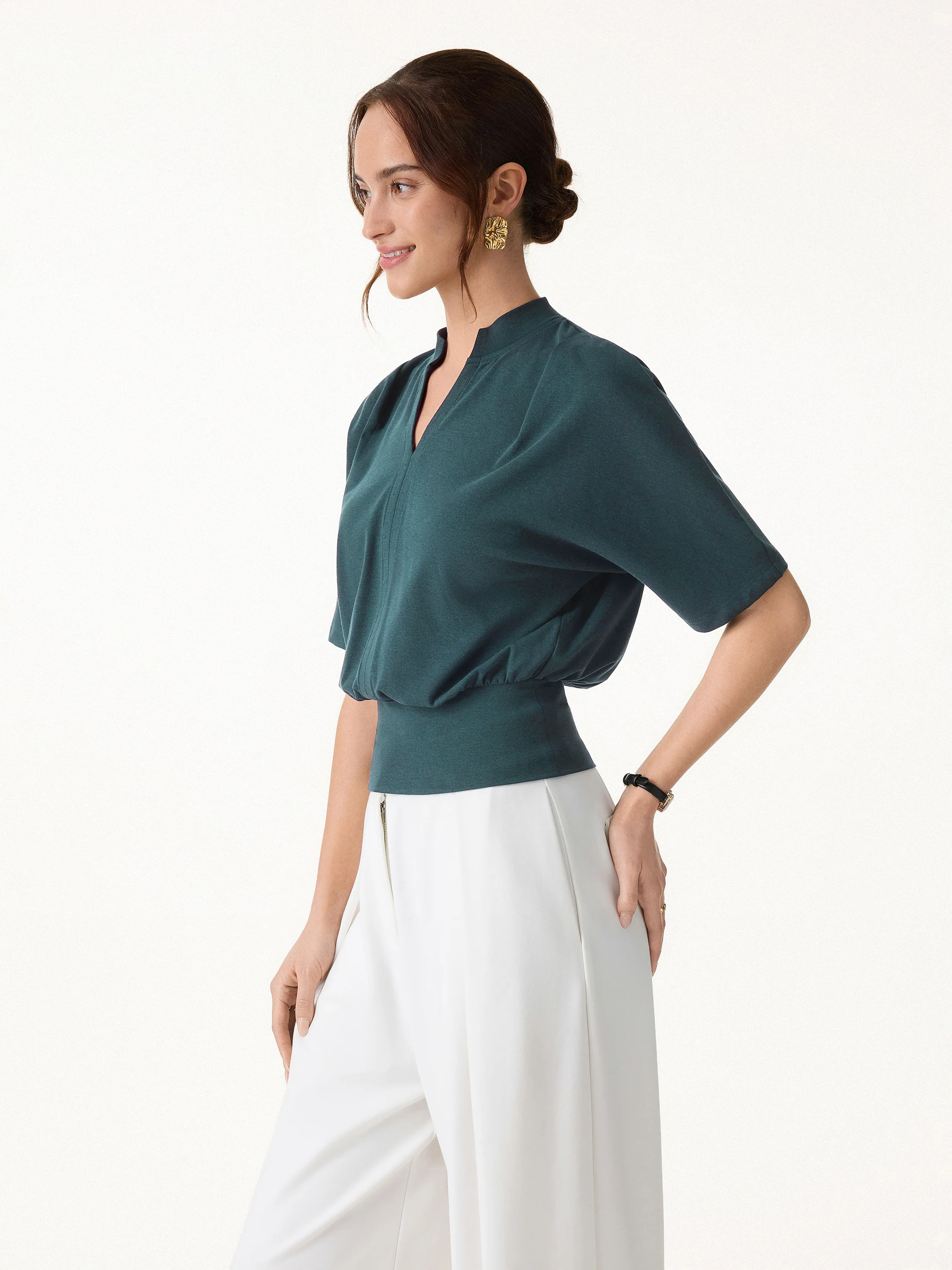 Stand Collar V-Neck Short Sleeve Top - Image 13