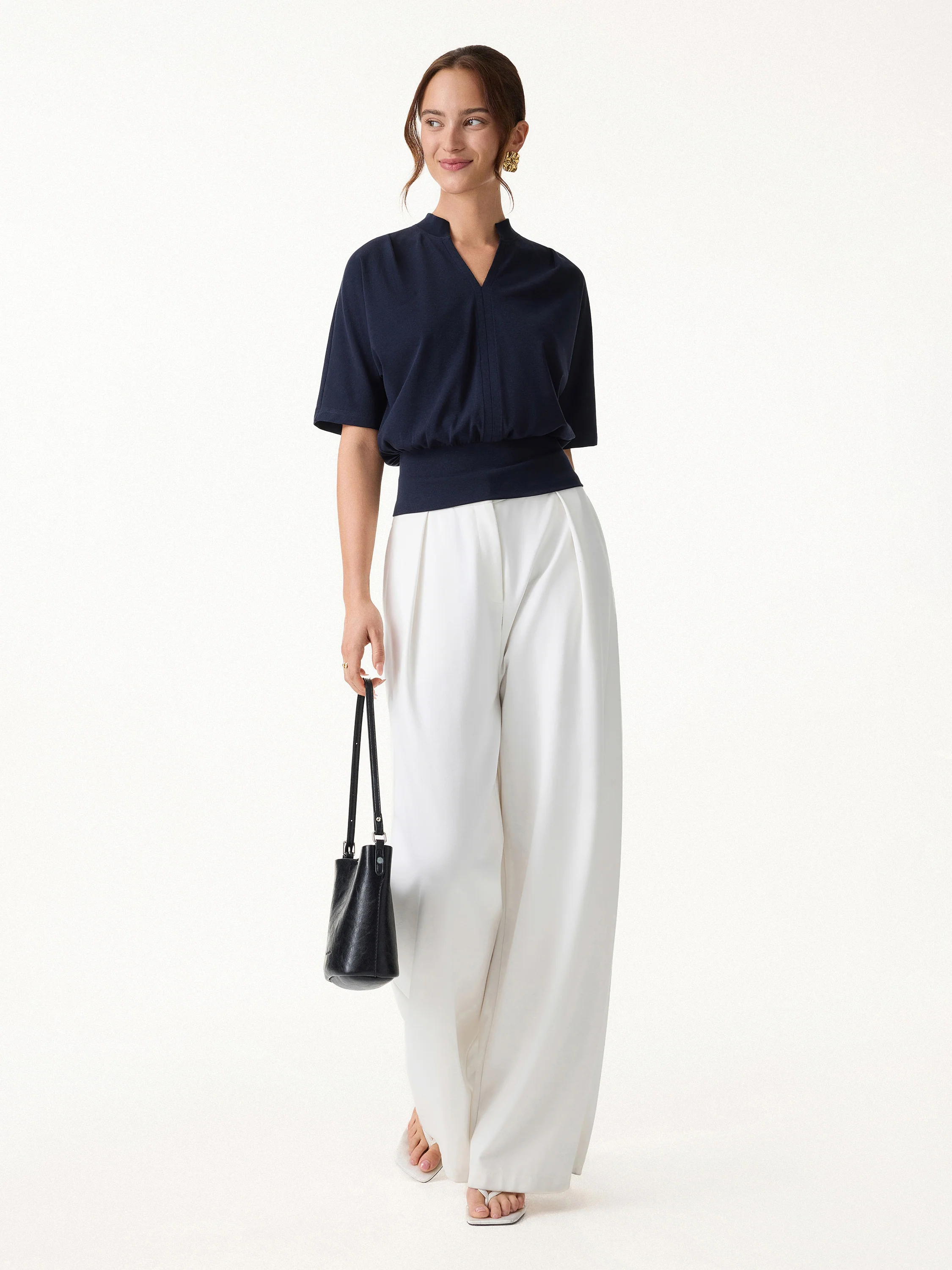 Stand Collar V-Neck Short Sleeve Top - Image 3